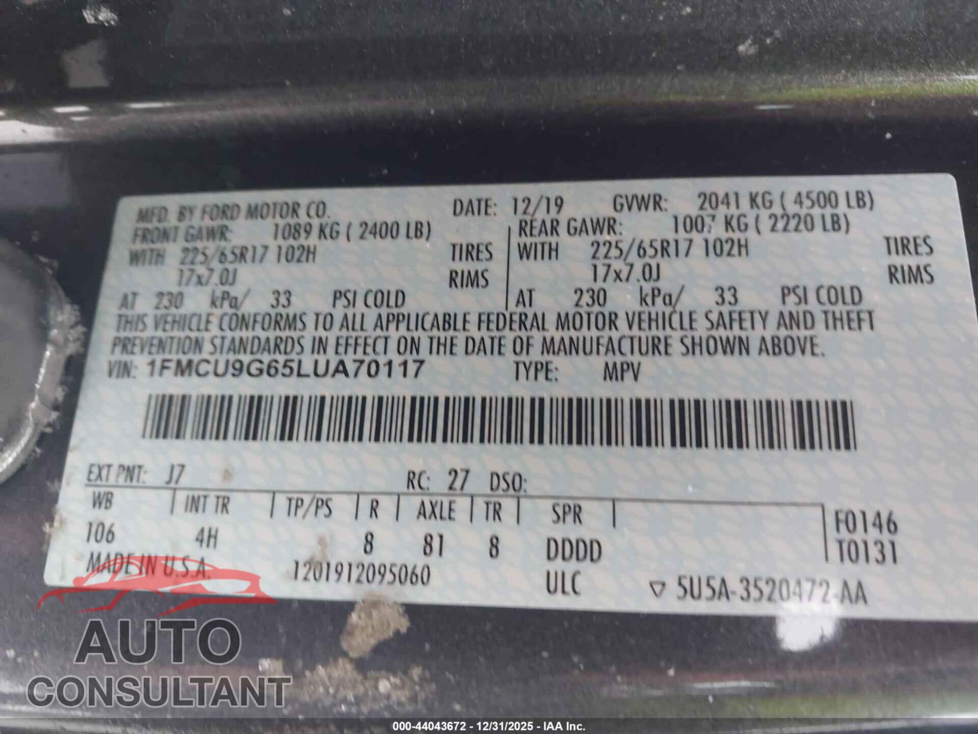 FORD ESCAPE 2020 - 1FMCU9G65LUA70117