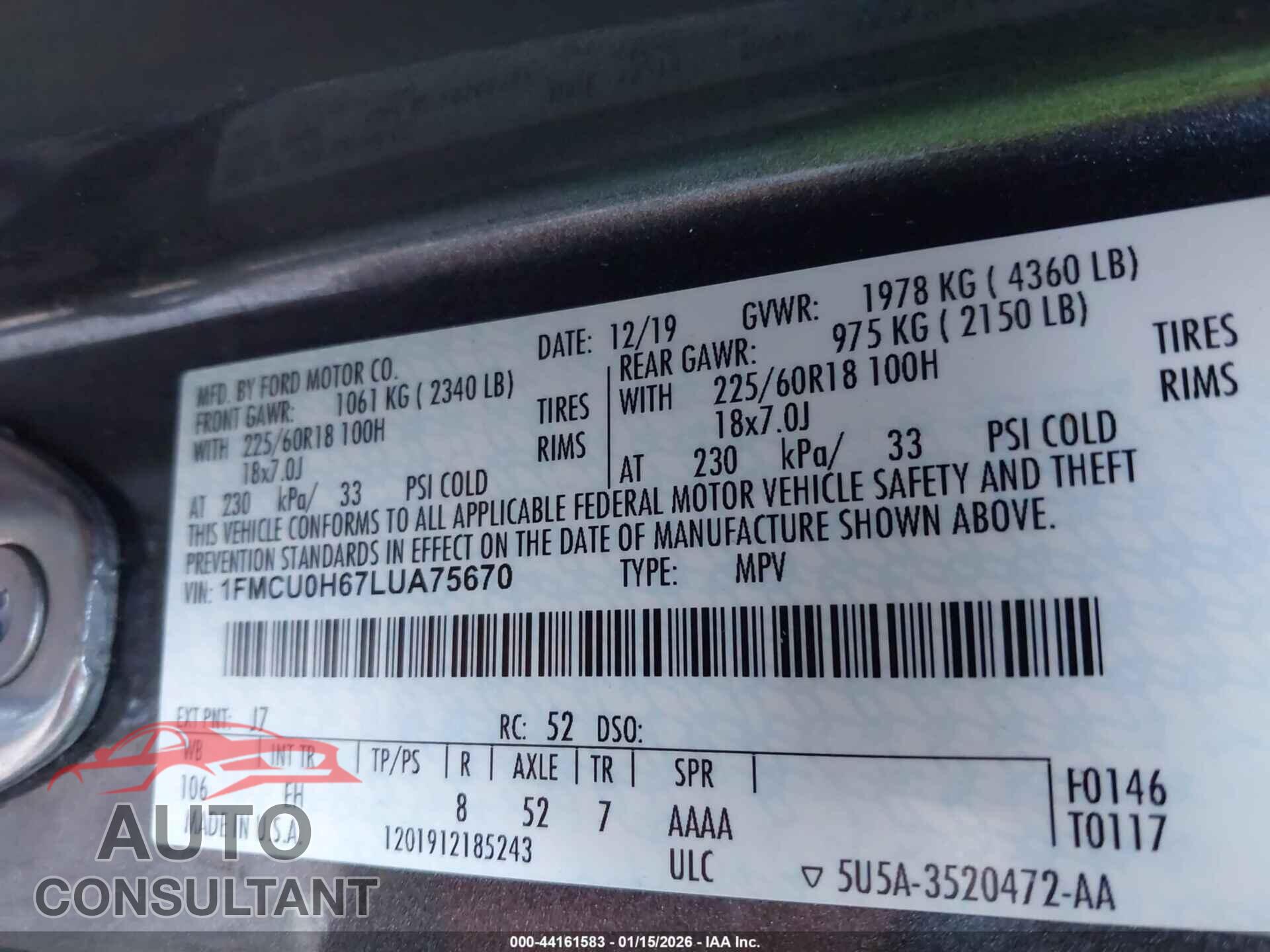 FORD ESCAPE 2020 - 1FMCU0H67LUA75670