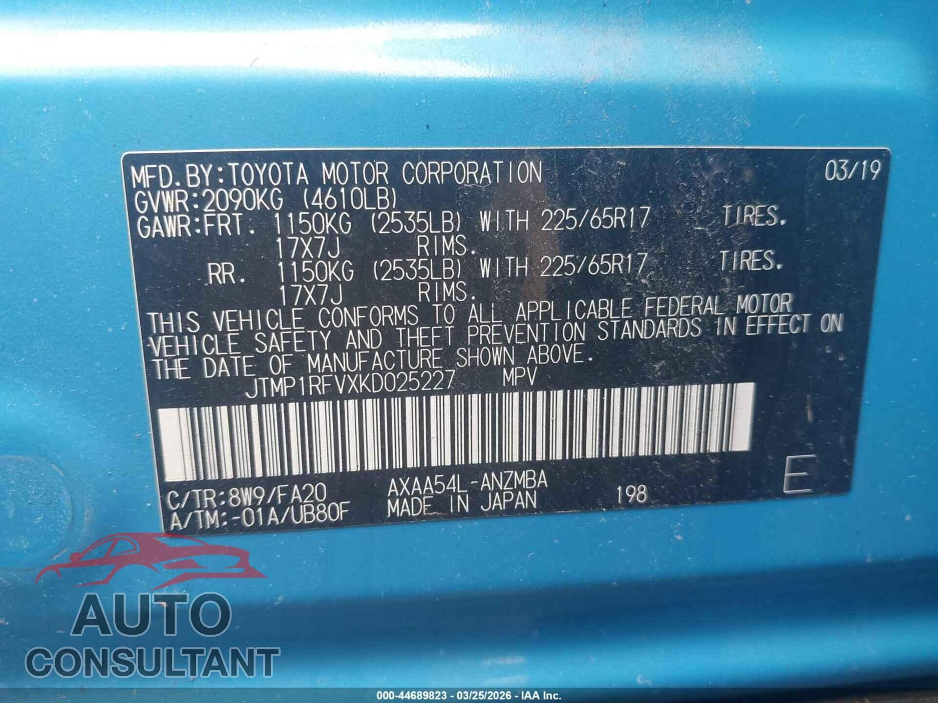 TOYOTA RAV4 2019 - JTMP1RFVXKD025227