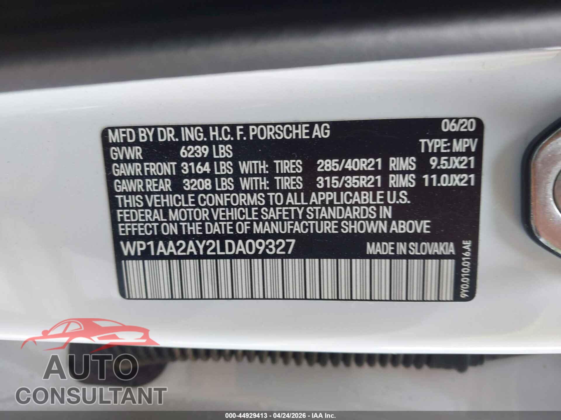 PORSCHE CAYENNE 2020 - WP1AA2AY2LDA09327