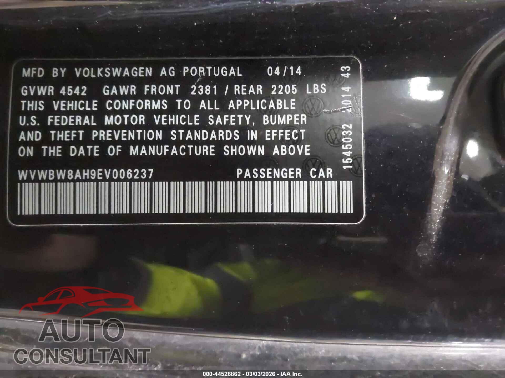 VOLKSWAGEN EOS 2014 - WVWBW8AH9EV006237