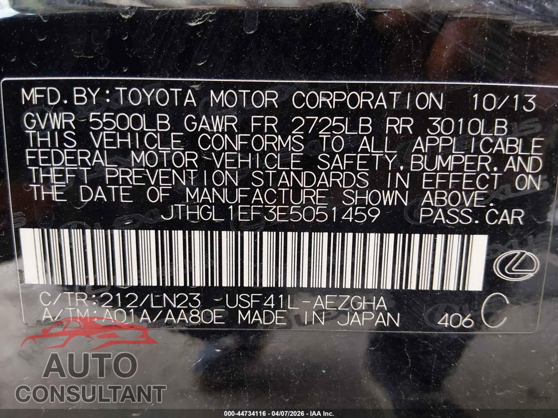 LEXUS LS 460 2014 - JTHGL1EF3E5051459