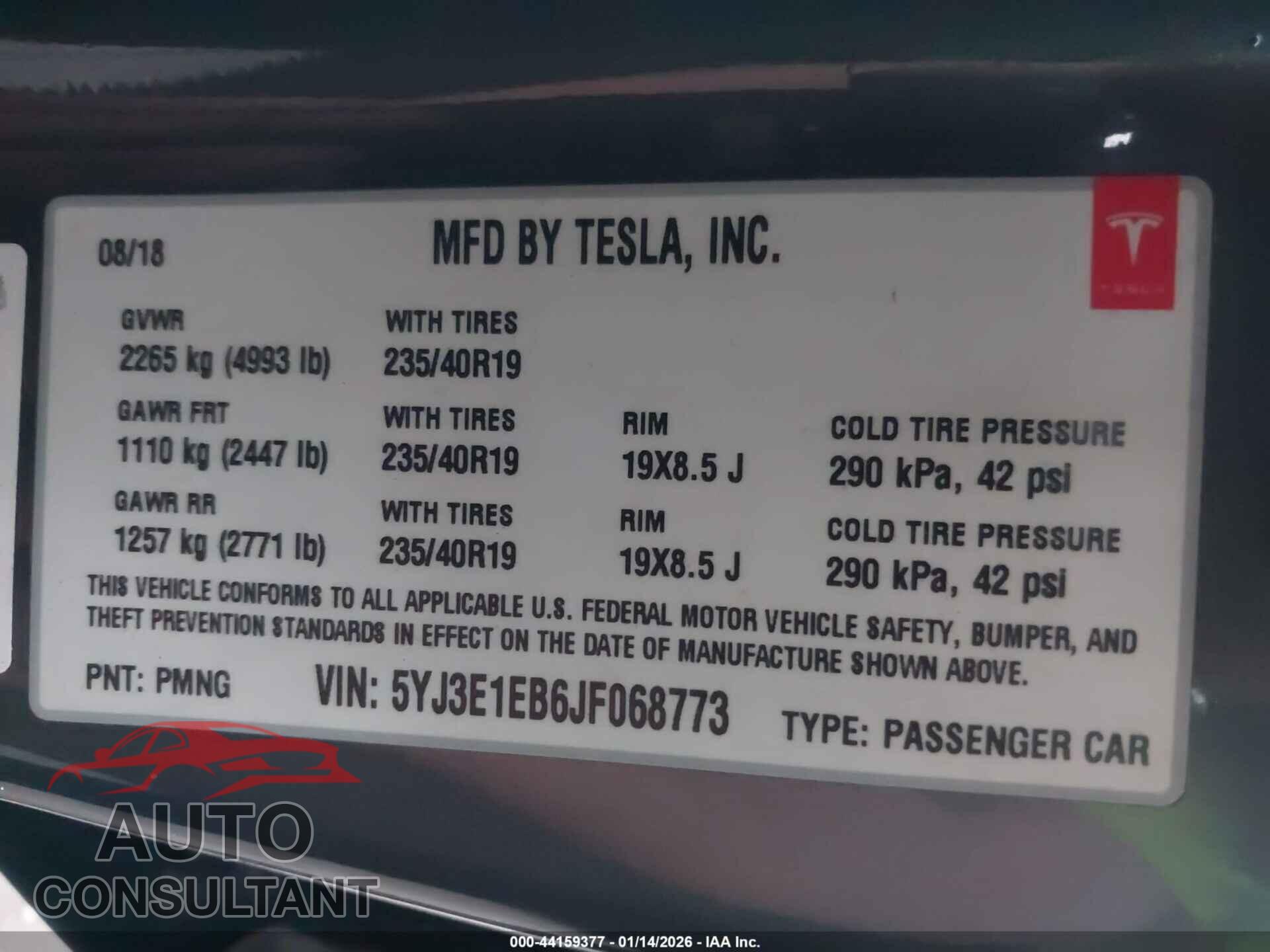TESLA MODEL 3 2018 - 5YJ3E1EB6JF068773