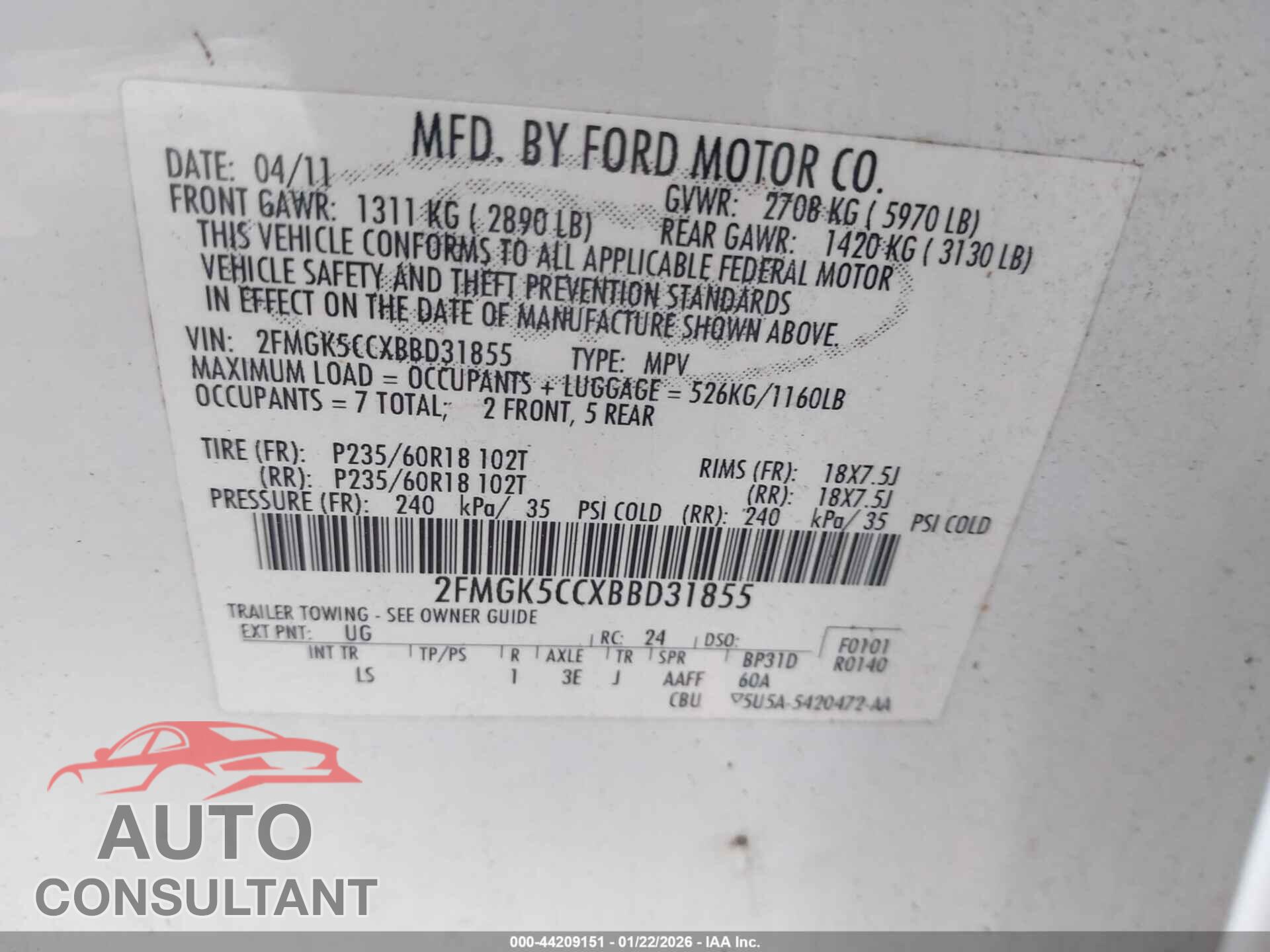 FORD FLEX 2011 - 2FMGK5CCXBBD31855