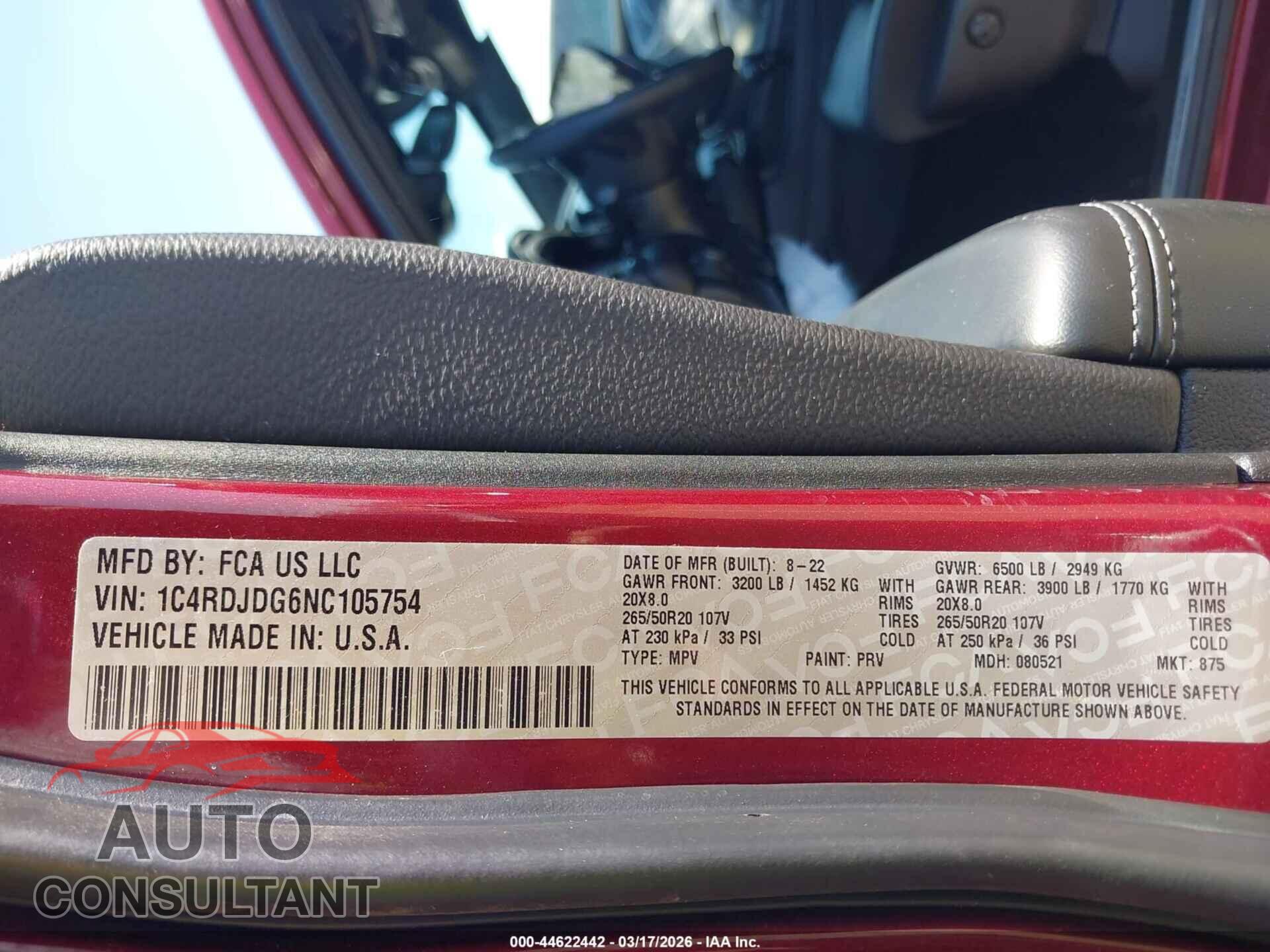 DODGE DURANGO 2022 - 1C4RDJDG6NC105754