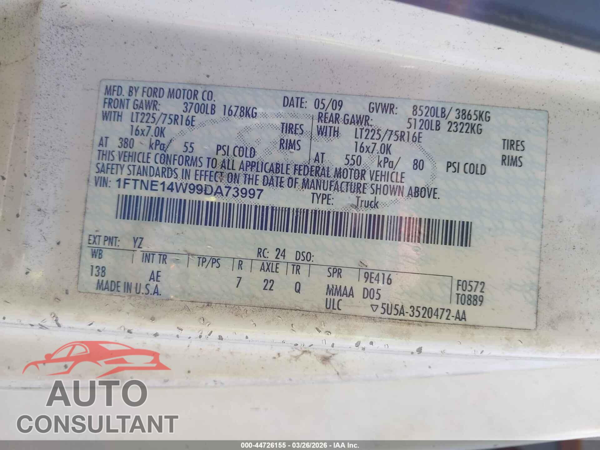 FORD E-150 2009 - 1FTNE14W99DA73997