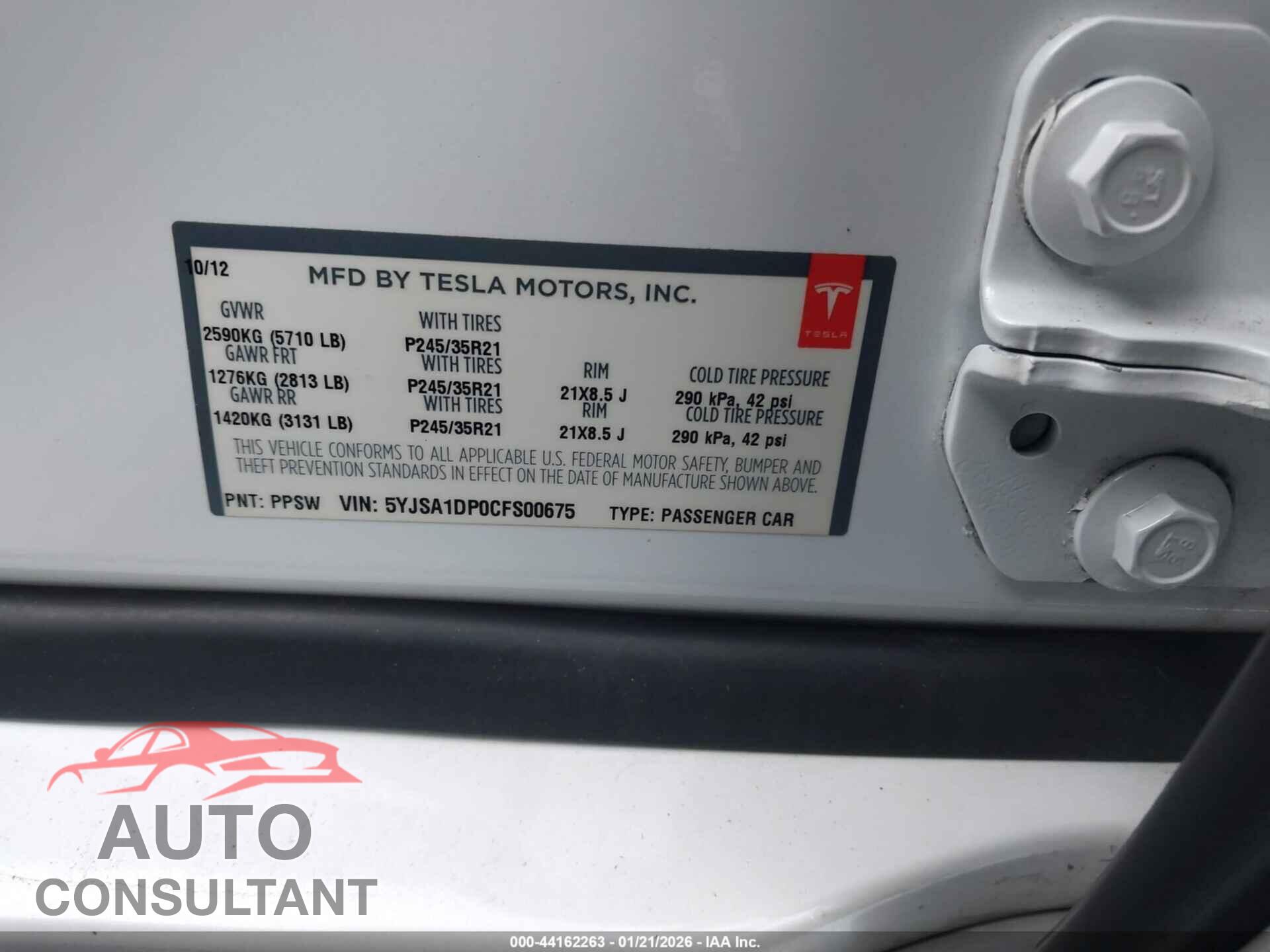 TESLA MODEL S 2012 - 5YJSA1DP0CFS00675