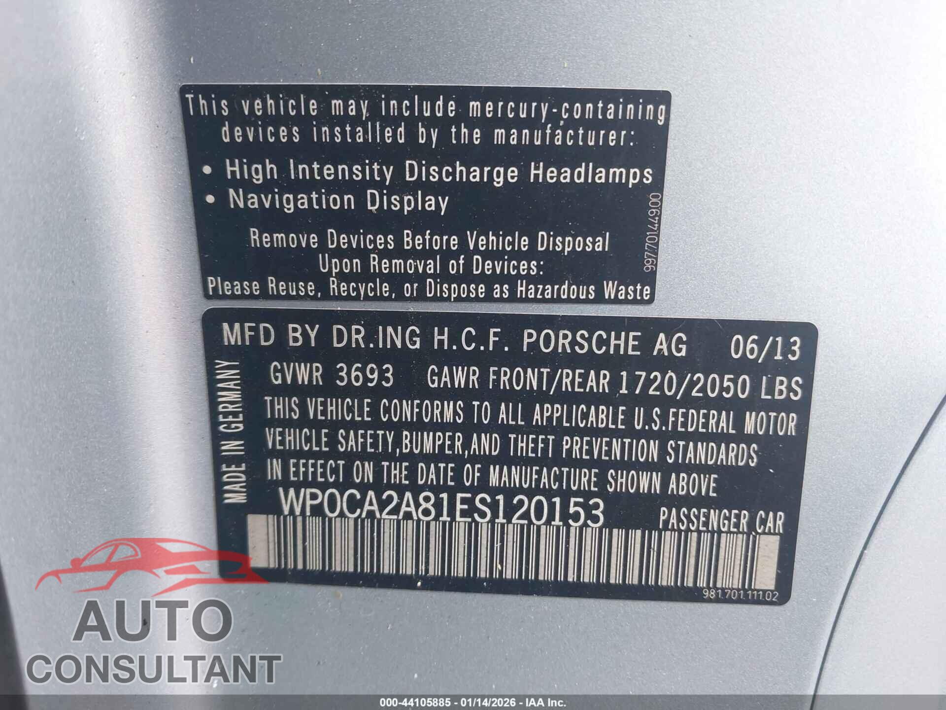 PORSCHE BOXSTER 2014 - WP0CA2A81ES120153