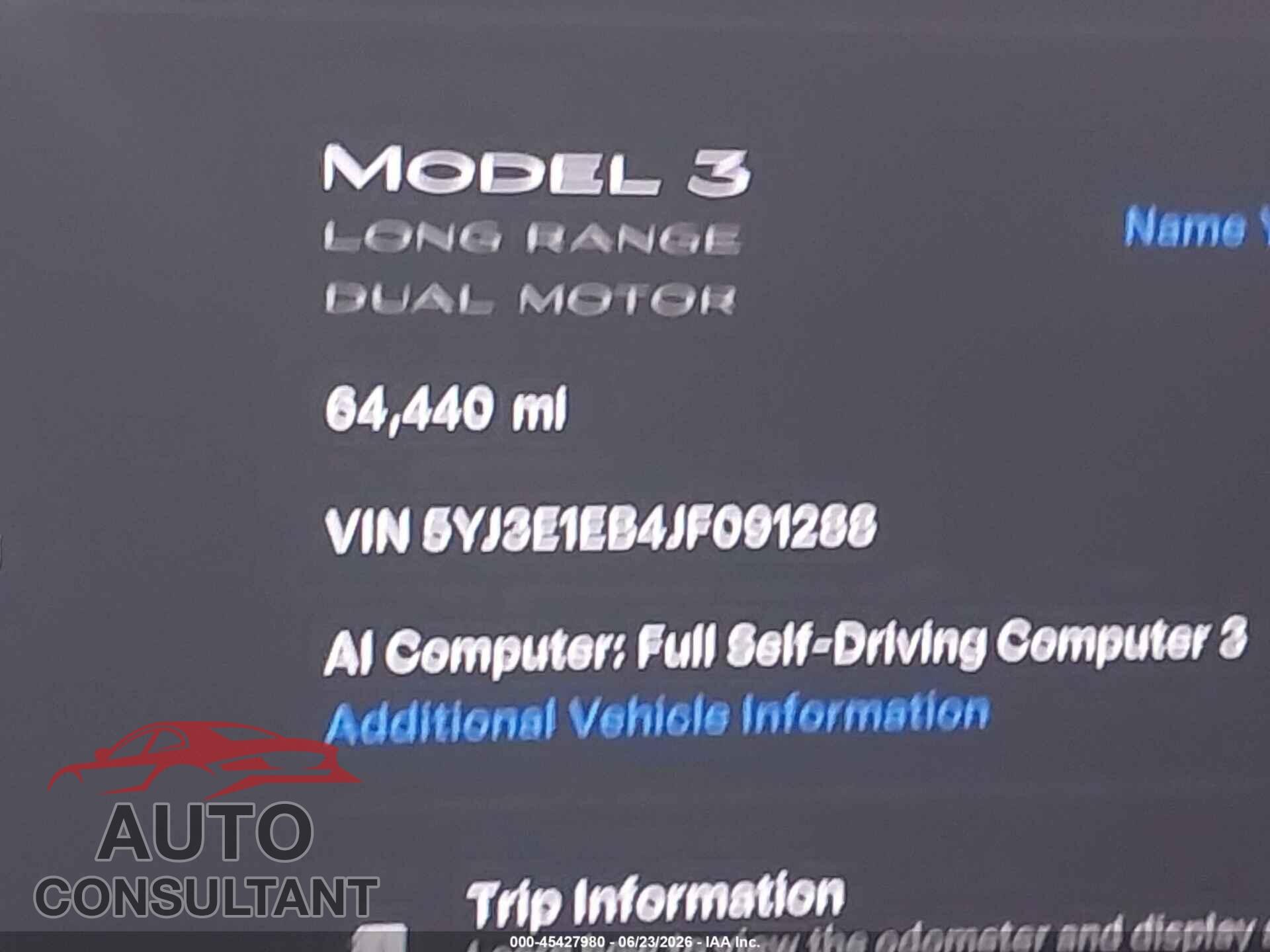 TESLA MODEL 3 2018 - 5YJ3E1EB4JF091288
