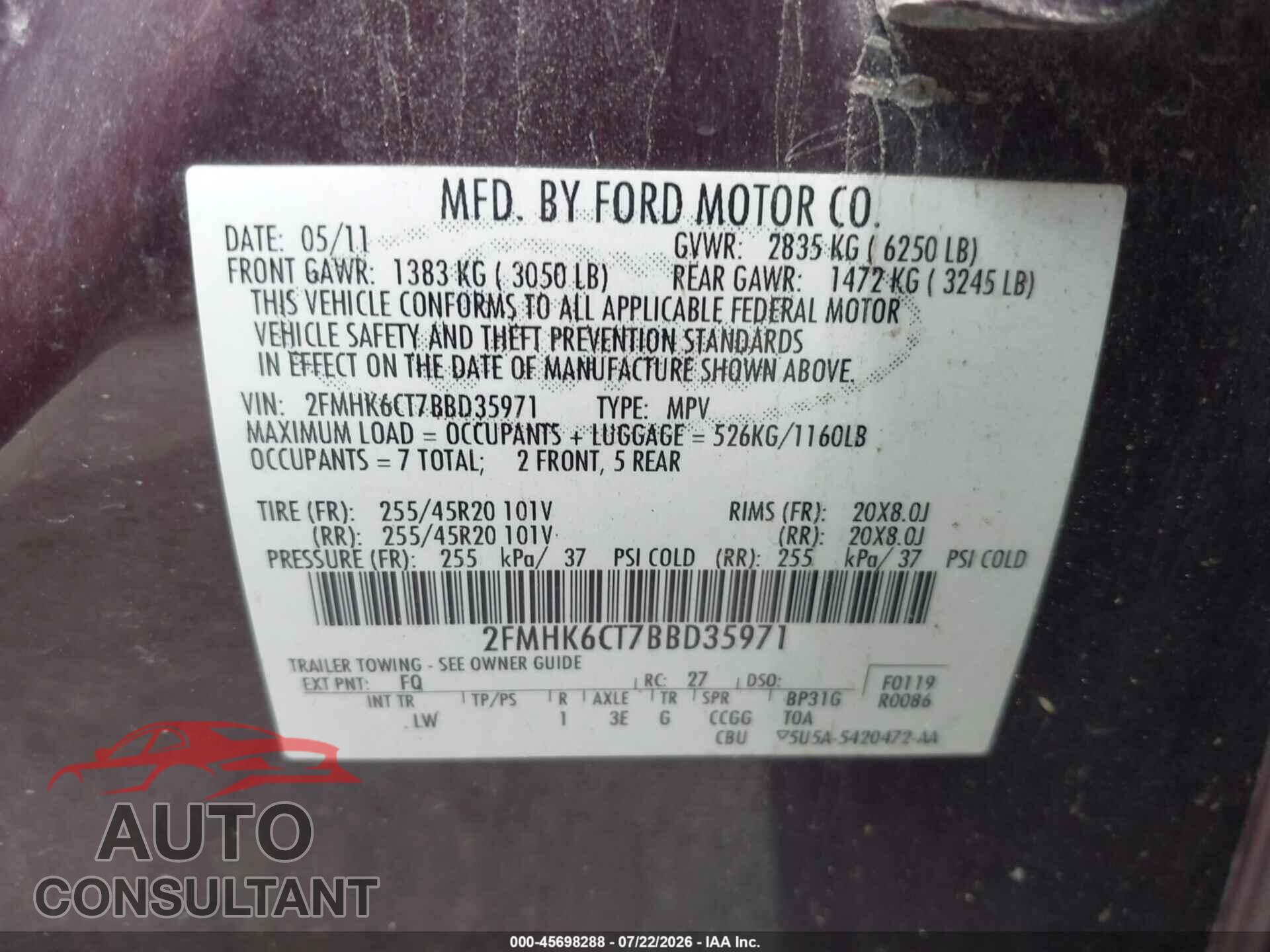 FORD FLEX 2011 - 2FMHK6CT7BBD35971