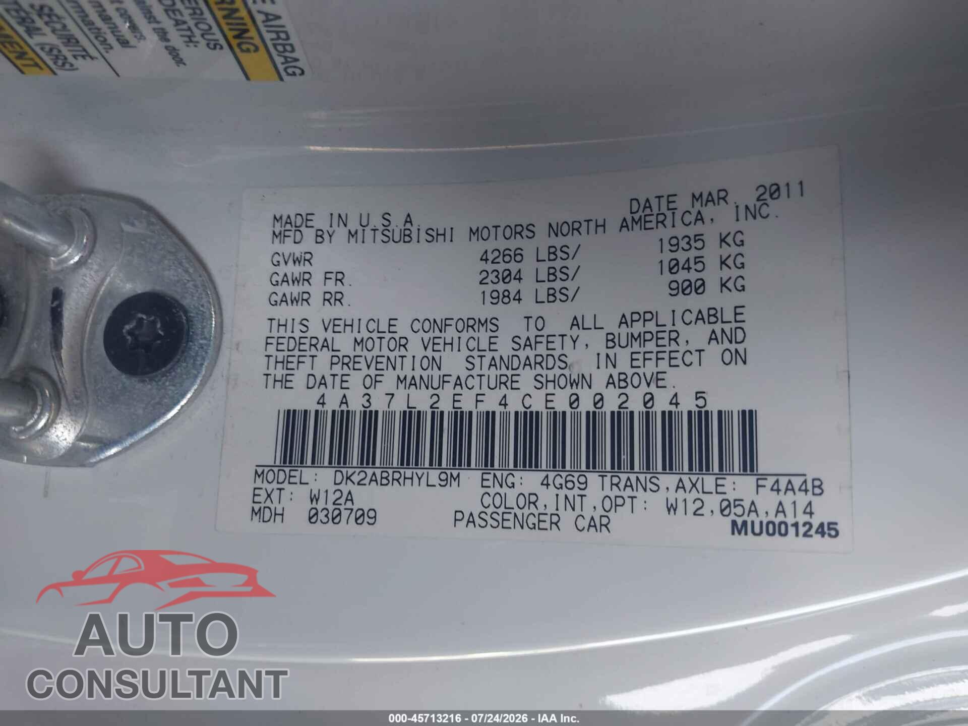 MITSUBISHI ECLIPSE SPYDER 2012 - 4A37L2EF4CE002045