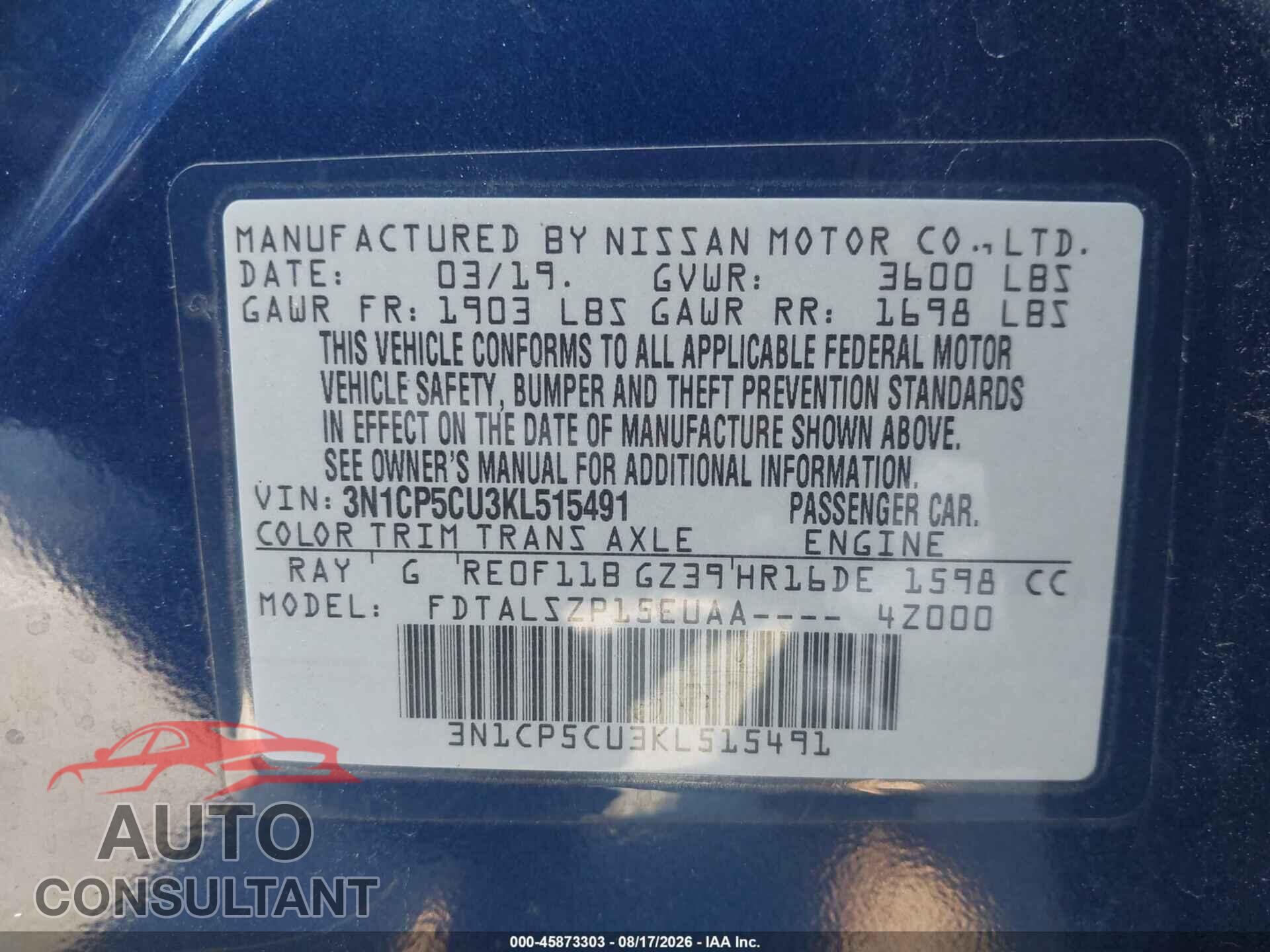NISSAN KICKS 2019 - 3N1CP5CU3KL515491