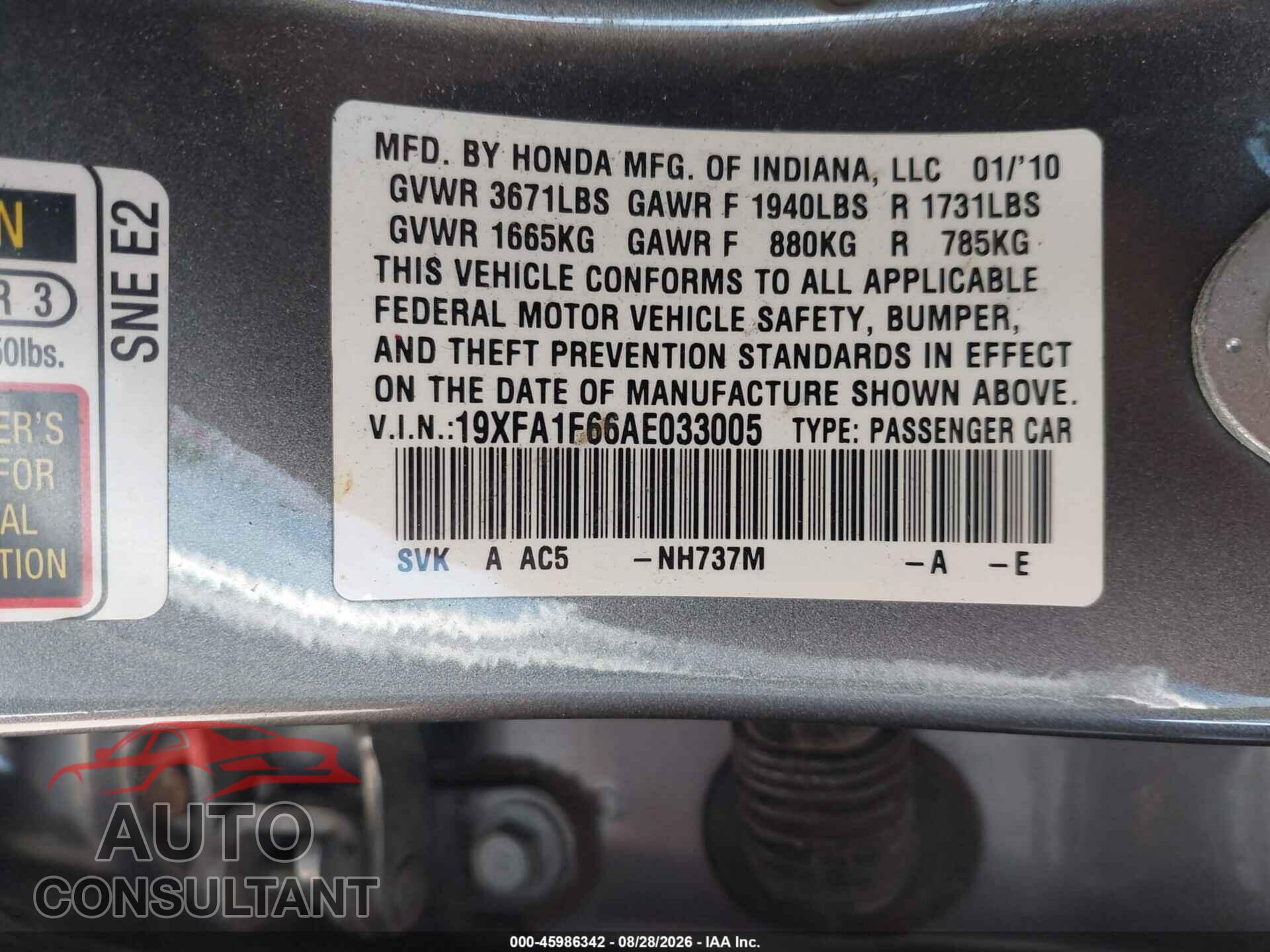 HONDA CIVIC 2010 - 19XFA1F66AE033005
