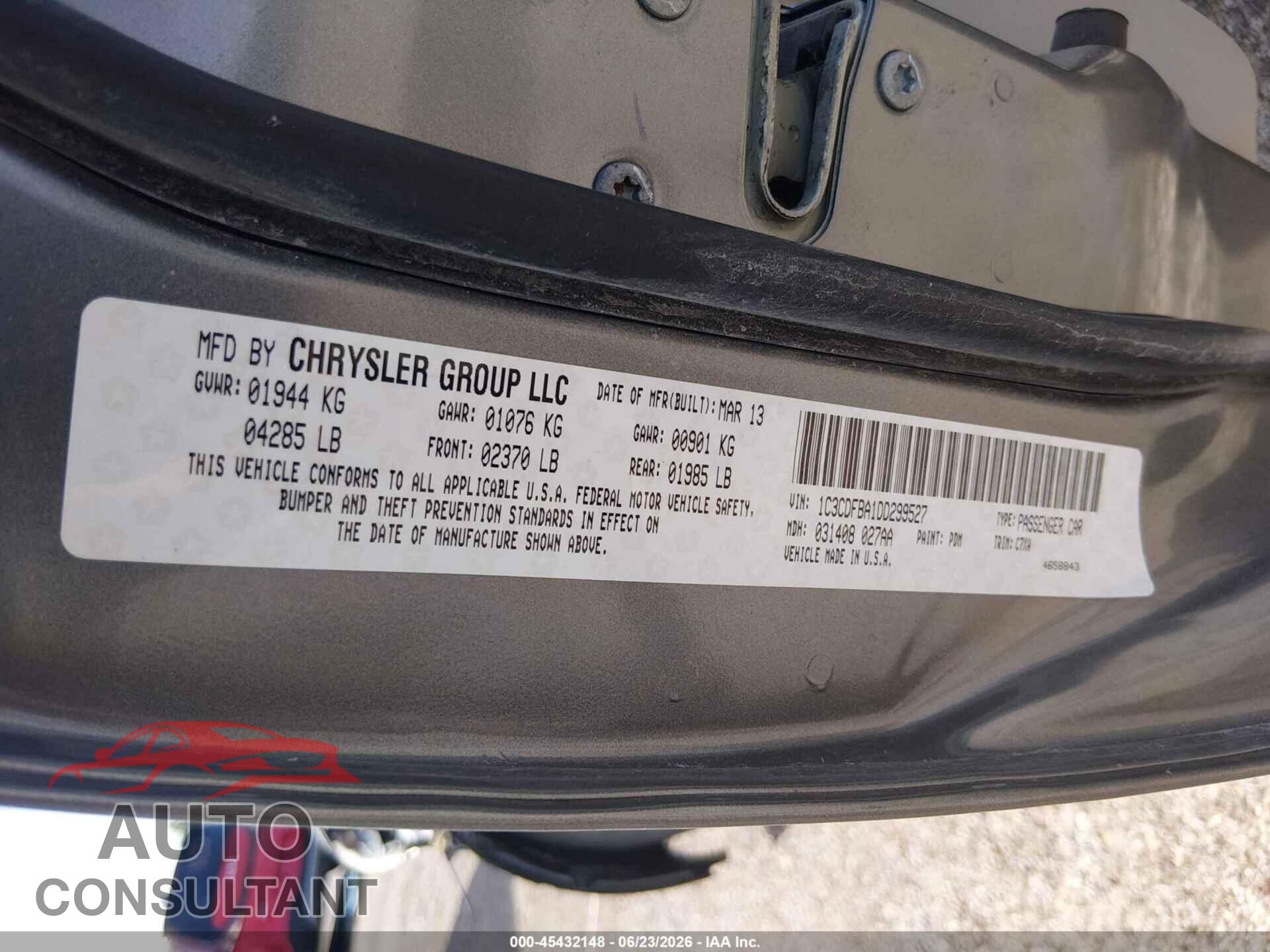 DODGE DART 2013 - 1C3CDFBA1DD299527