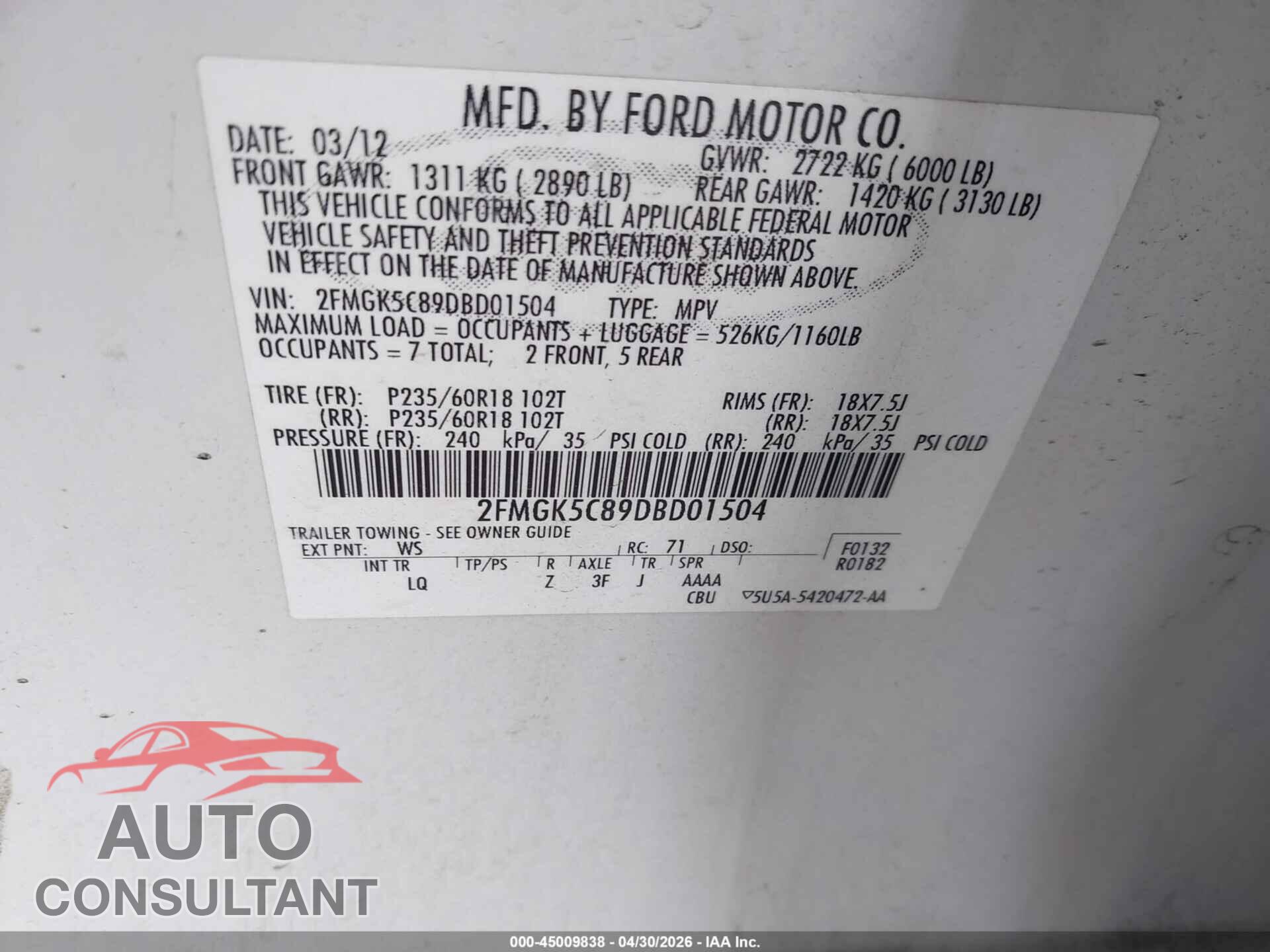 FORD FLEX 2013 - 2FMGK5C89DBD01504