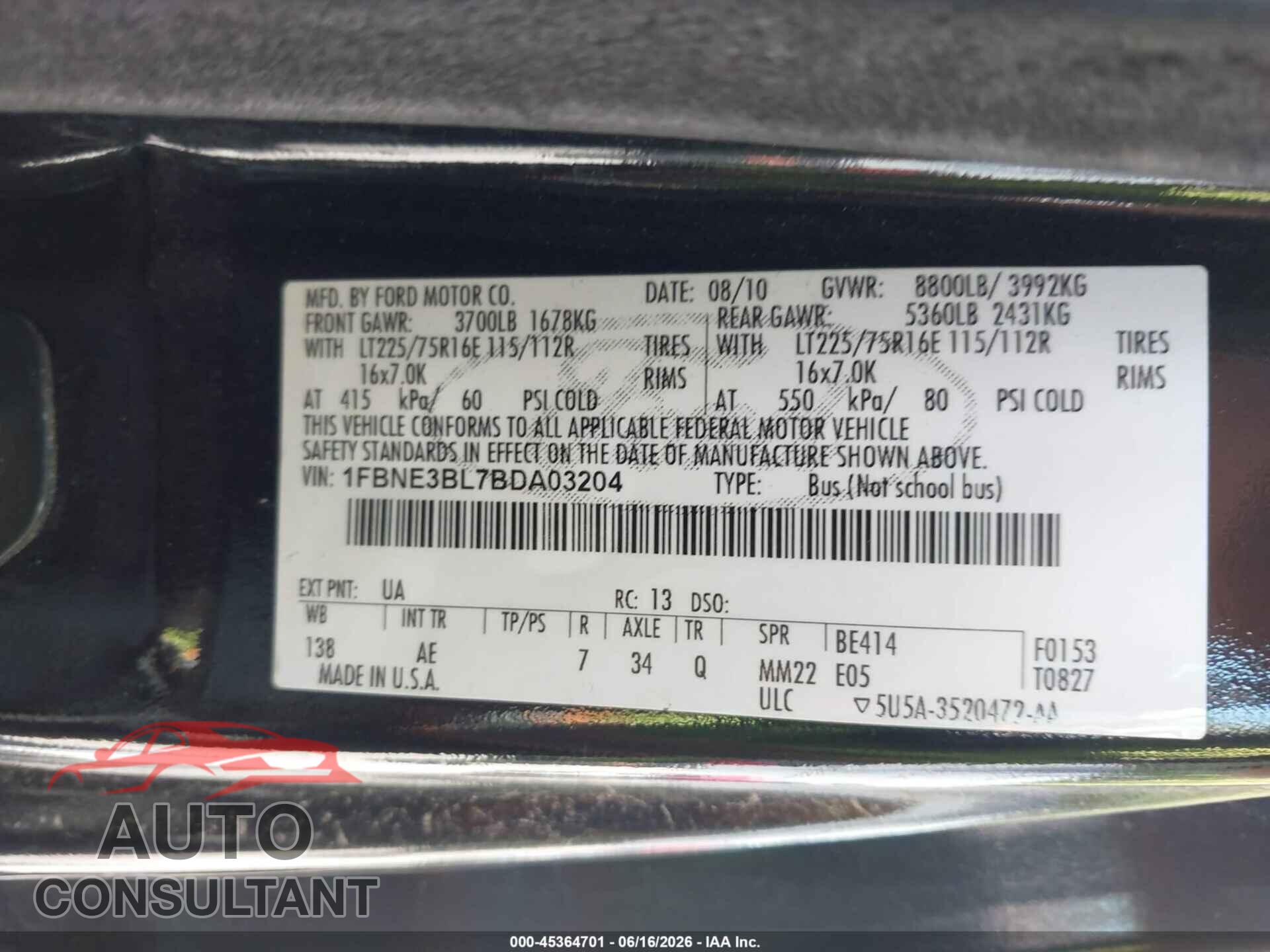 FORD E-350 SUPER DUTY 2011 - 1FBNE3BL7BDA03204