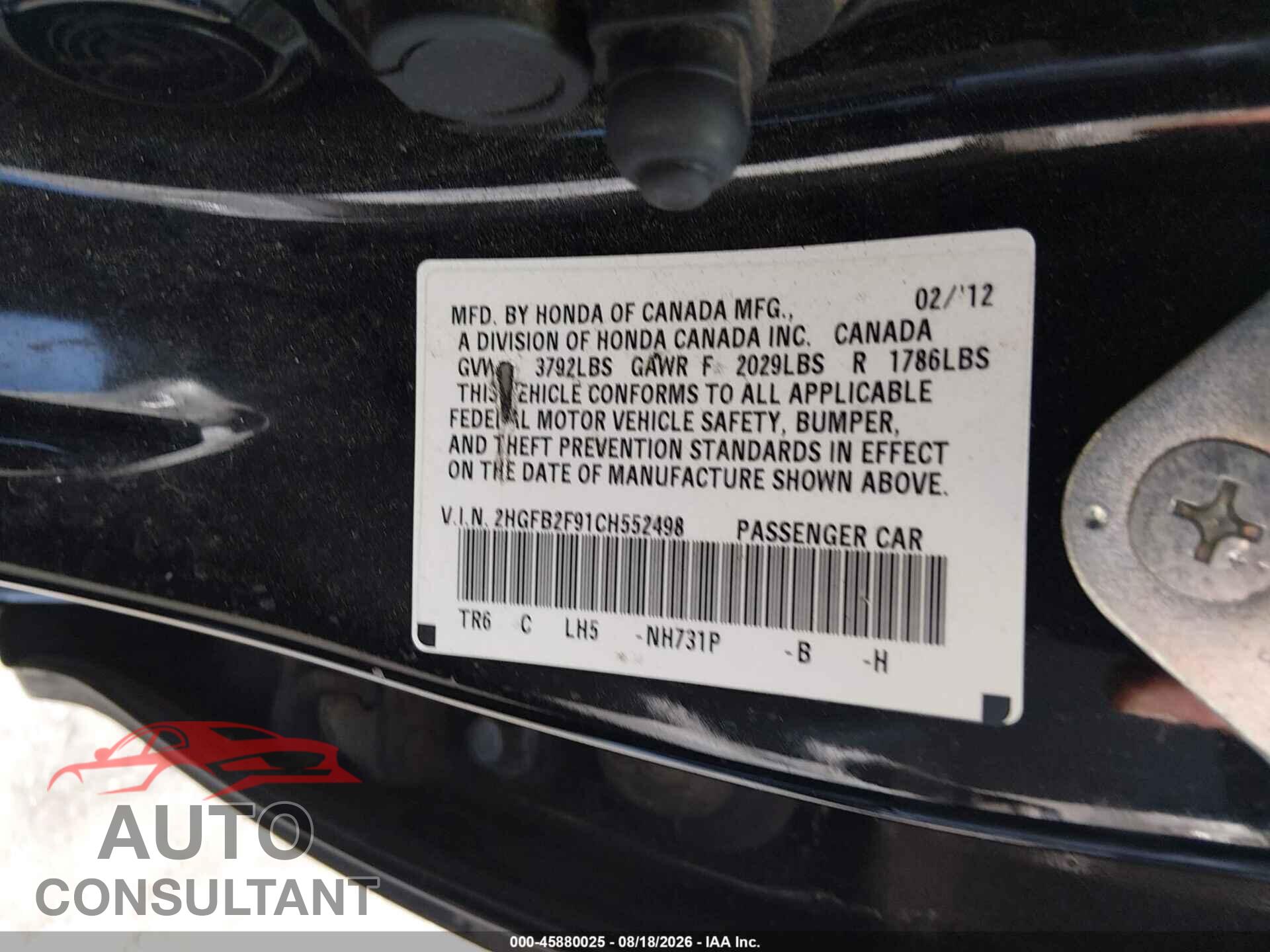 HONDA CIVIC 2012 - 2HGFB2F91CH552498