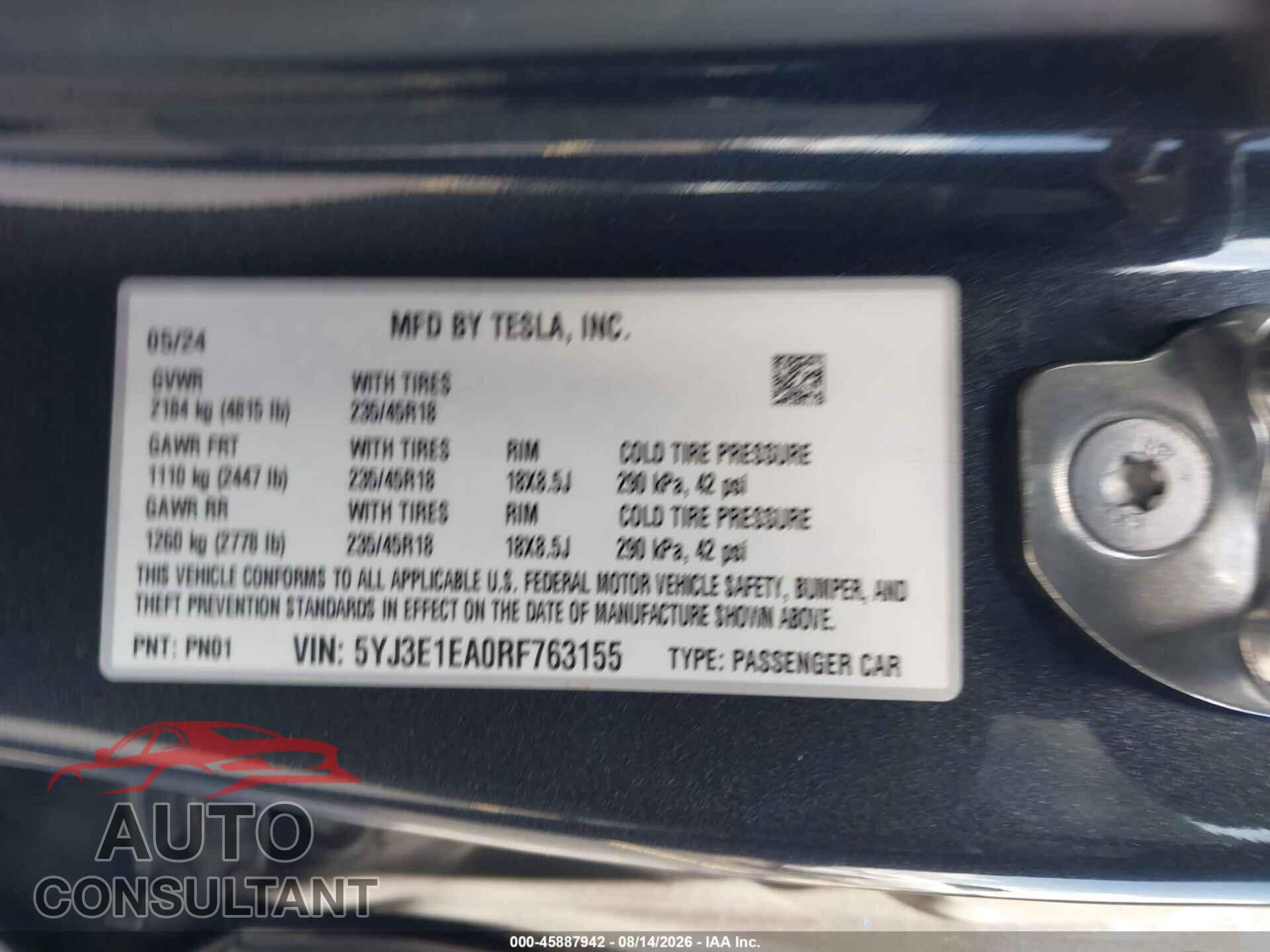 TESLA MODEL 3 2024 - 5YJ3E1EA0RF763155