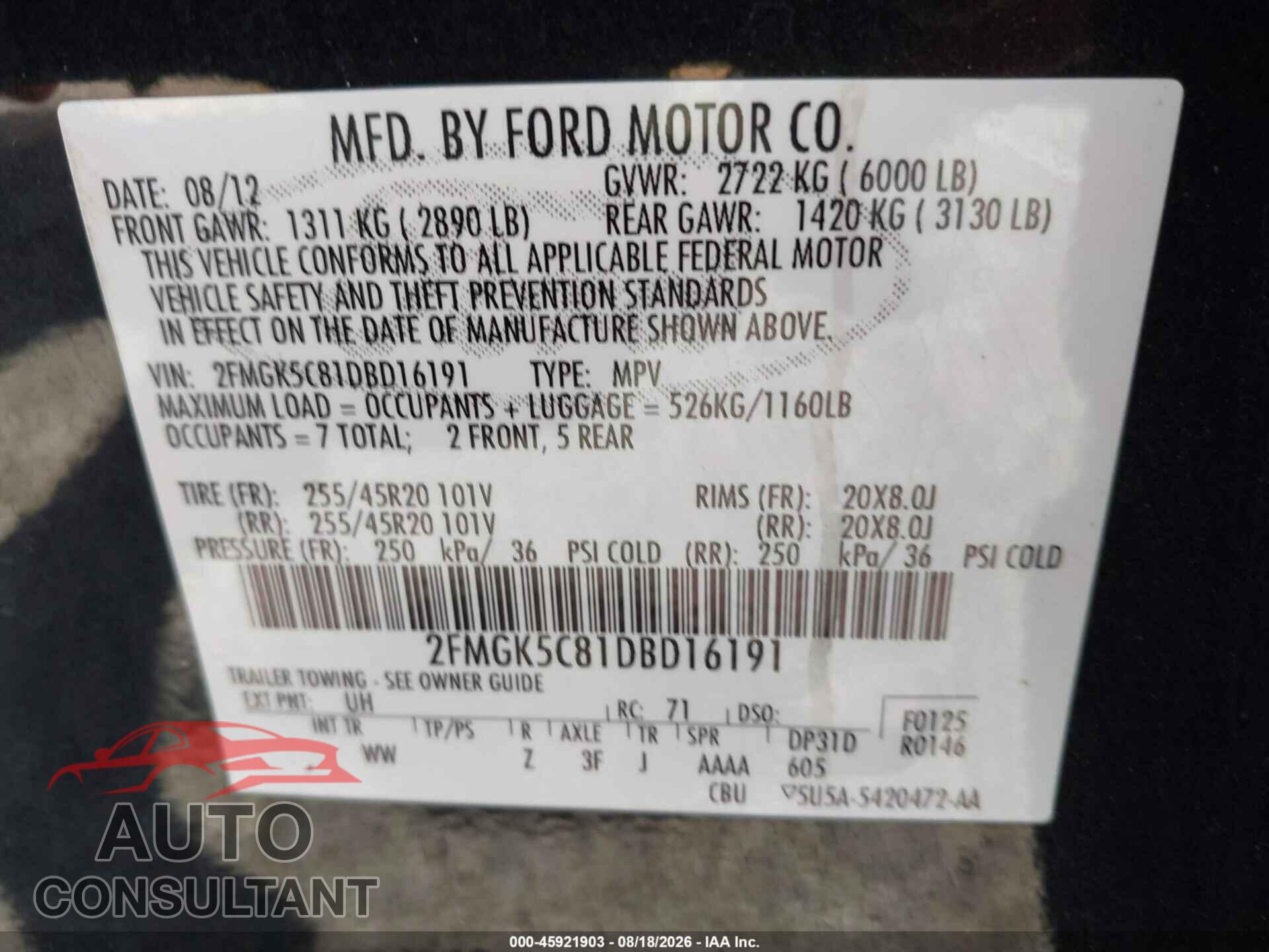 FORD FLEX 2013 - 2FMGK5C81DBD16191