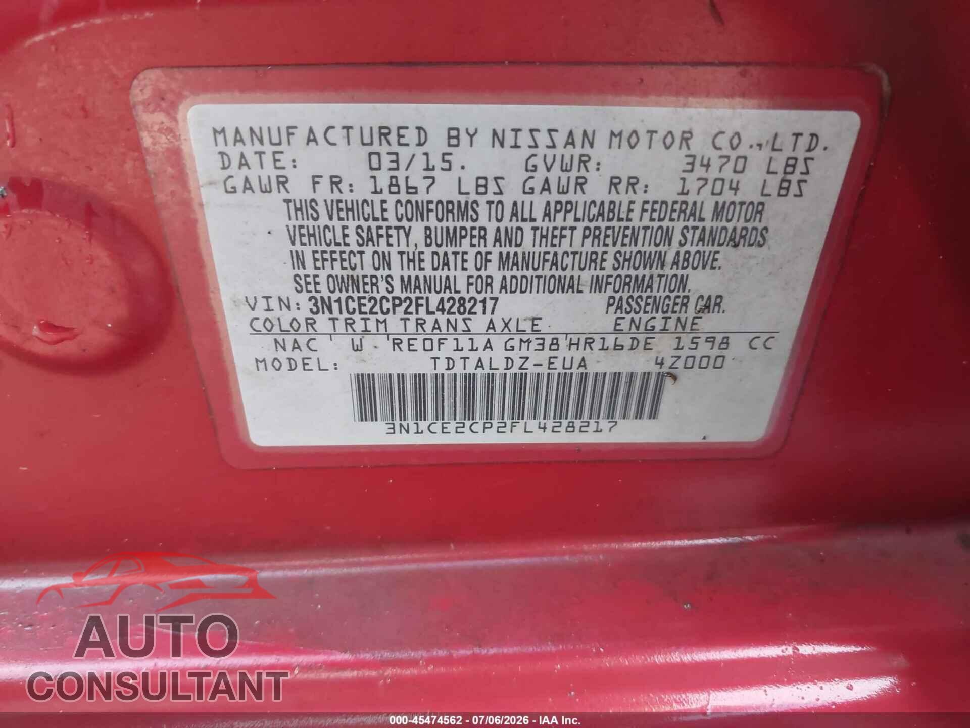 NISSAN VERSA NOTE 2015 - 3N1CE2CP2FL428217