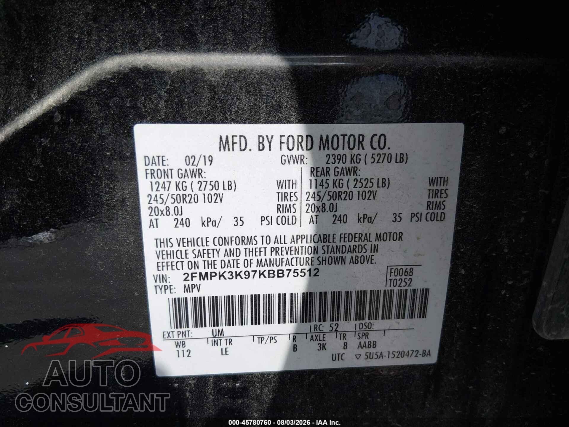 FORD EDGE 2019 - 2FMPK3K97KBB75512