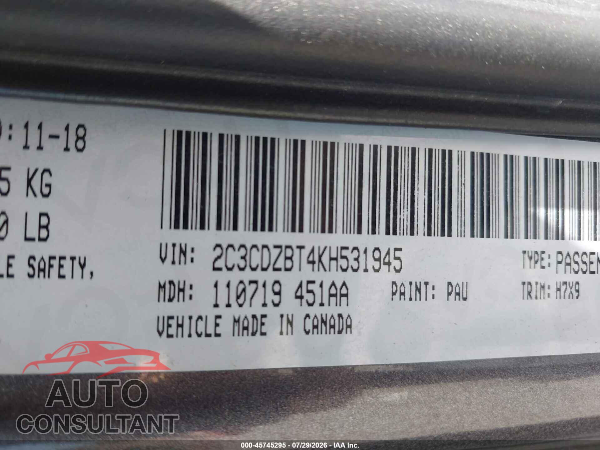 DODGE CHALLENGER 2019 - 2C3CDZBT4KH531945