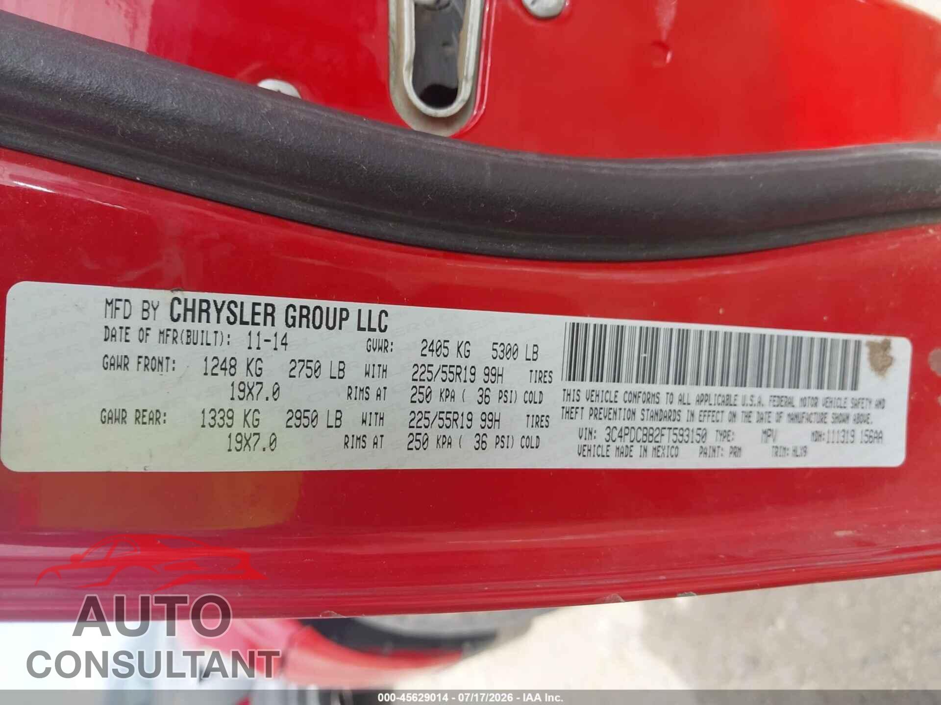 DODGE JOURNEY 2015 - 3C4PDCBB2FT593150