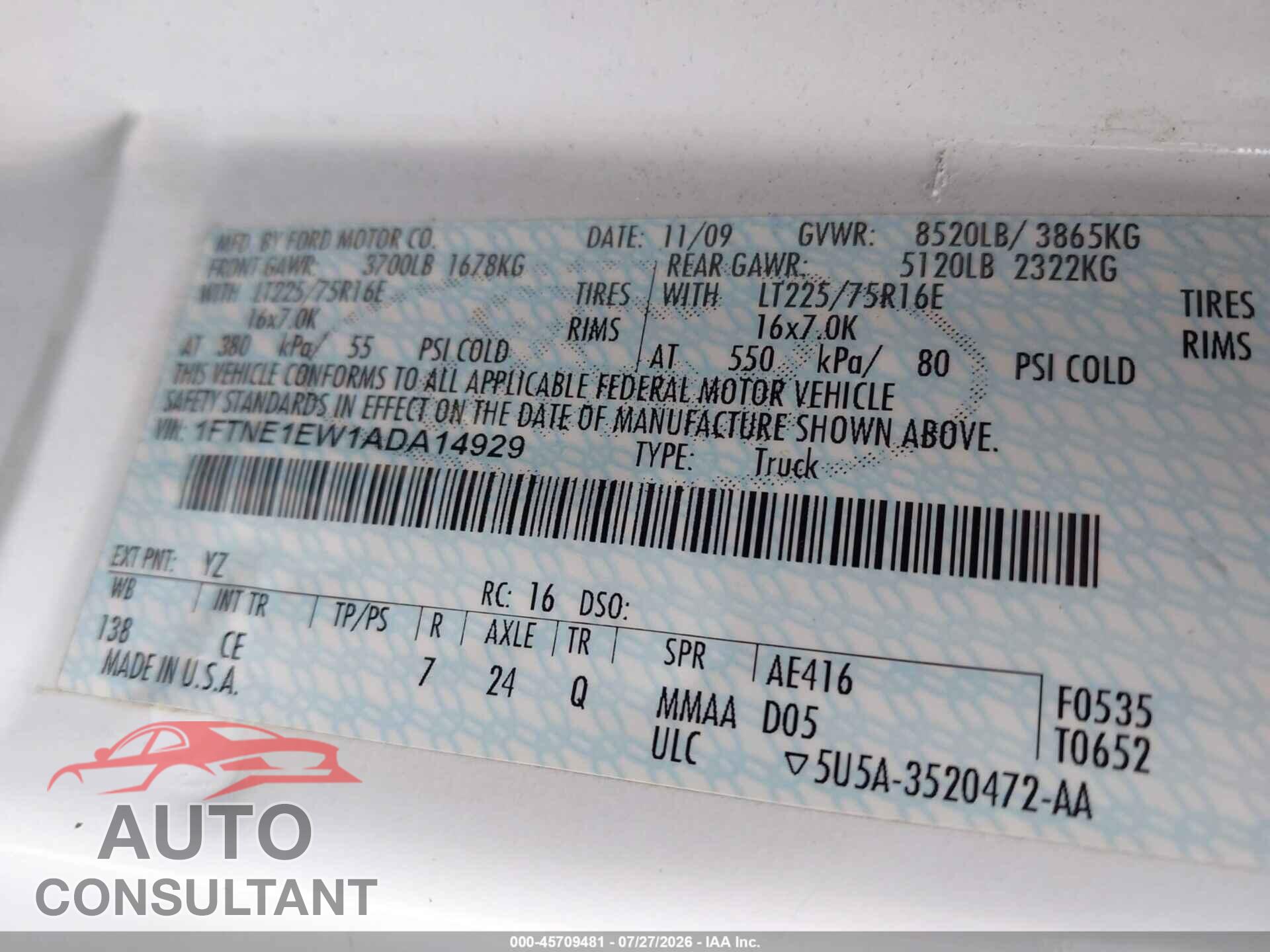 FORD E-150 2010 - 1FTNE1EW1ADA14929