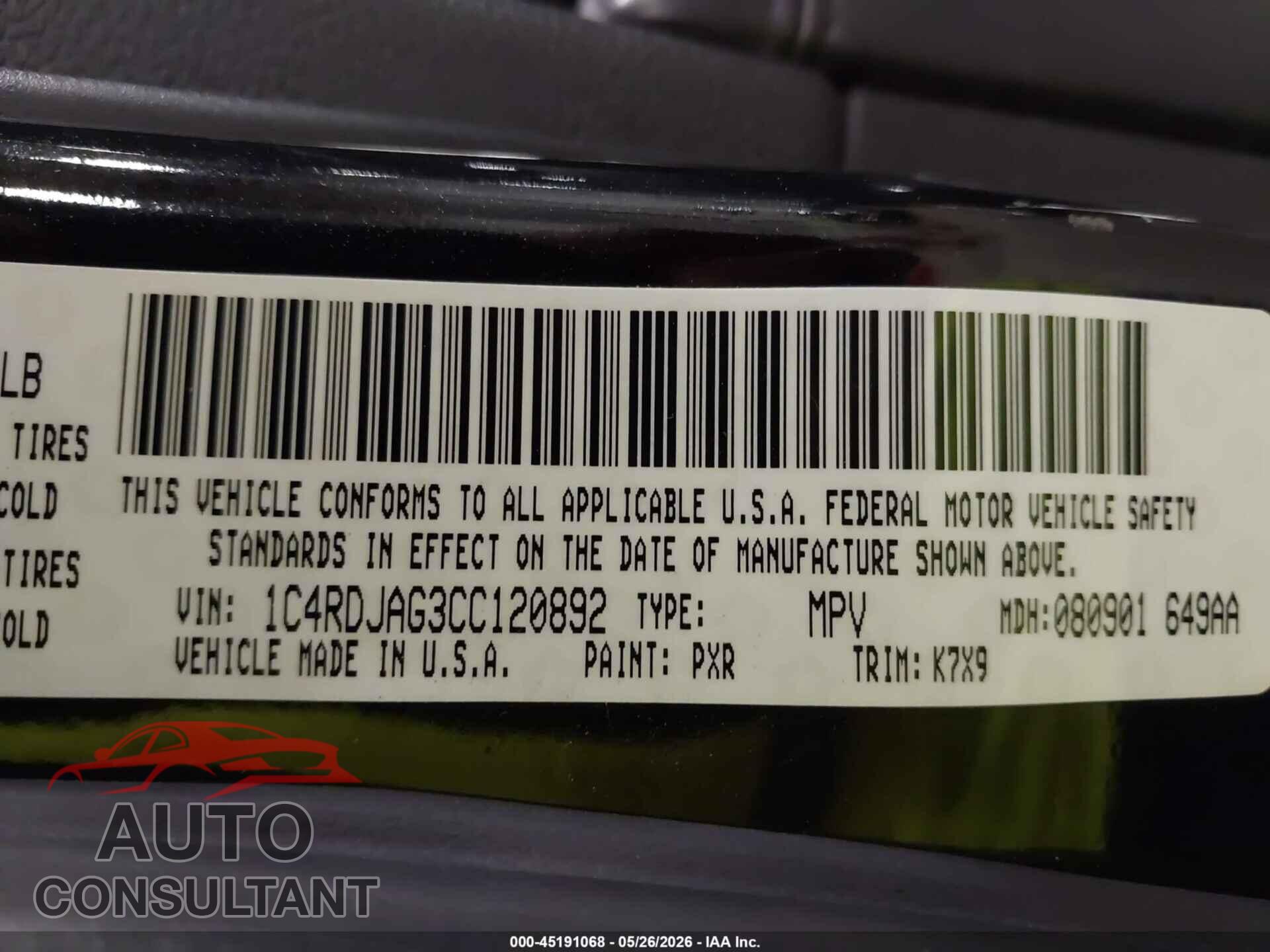 DODGE DURANGO 2012 - 1C4RDJAG3CC120892