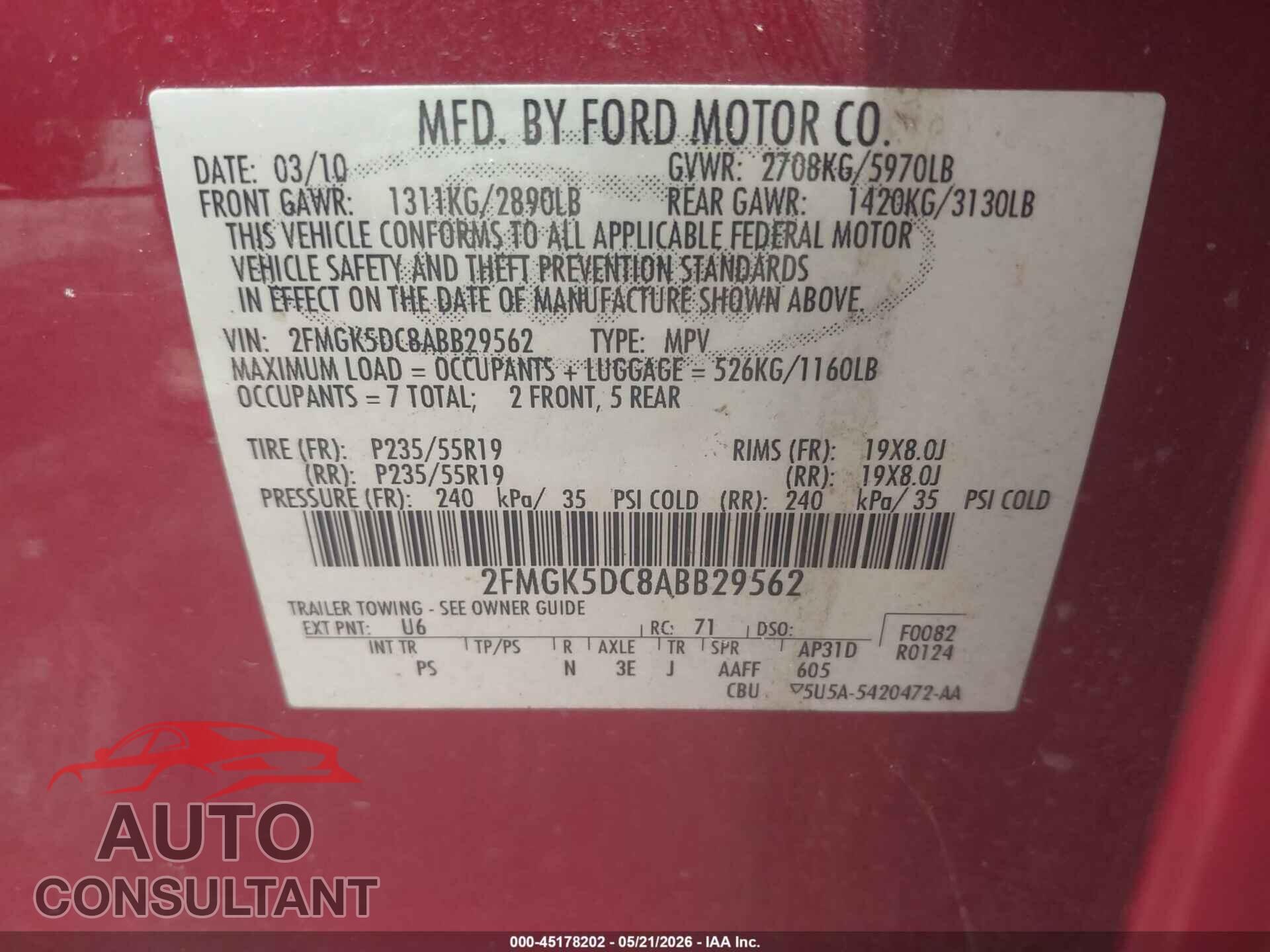 FORD FLEX 2010 - 2FMGK5DC8ABB29562