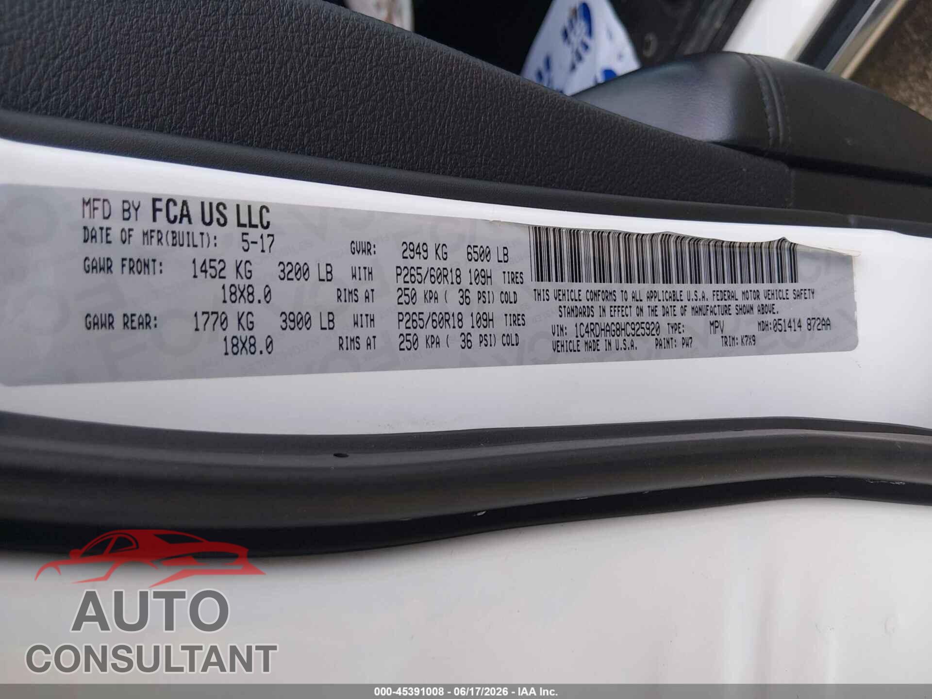 DODGE DURANGO 2017 - 1C4RDHAG8HC925920