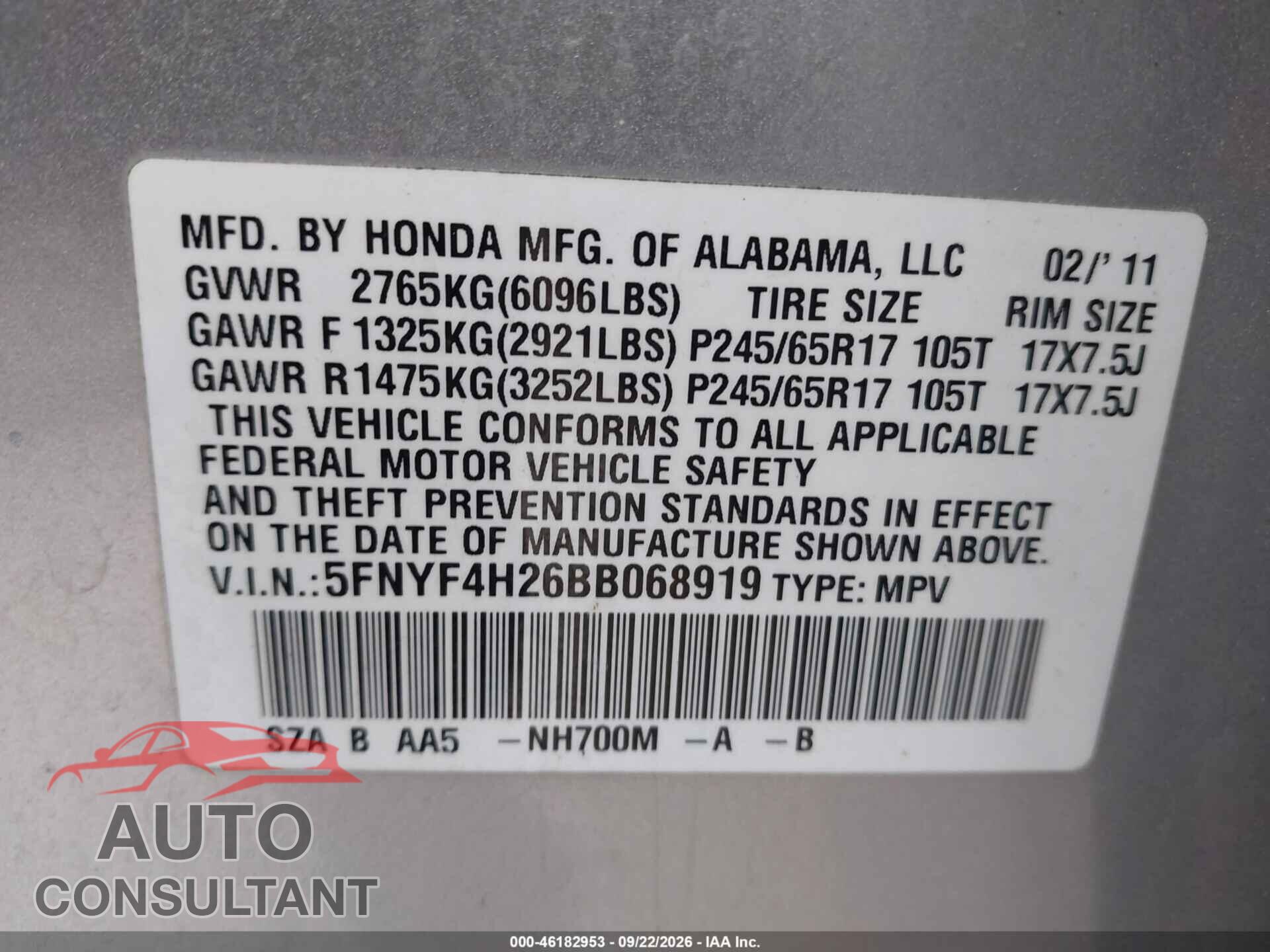 HONDA PILOT 2011 - 5FNYF4H26BB068919