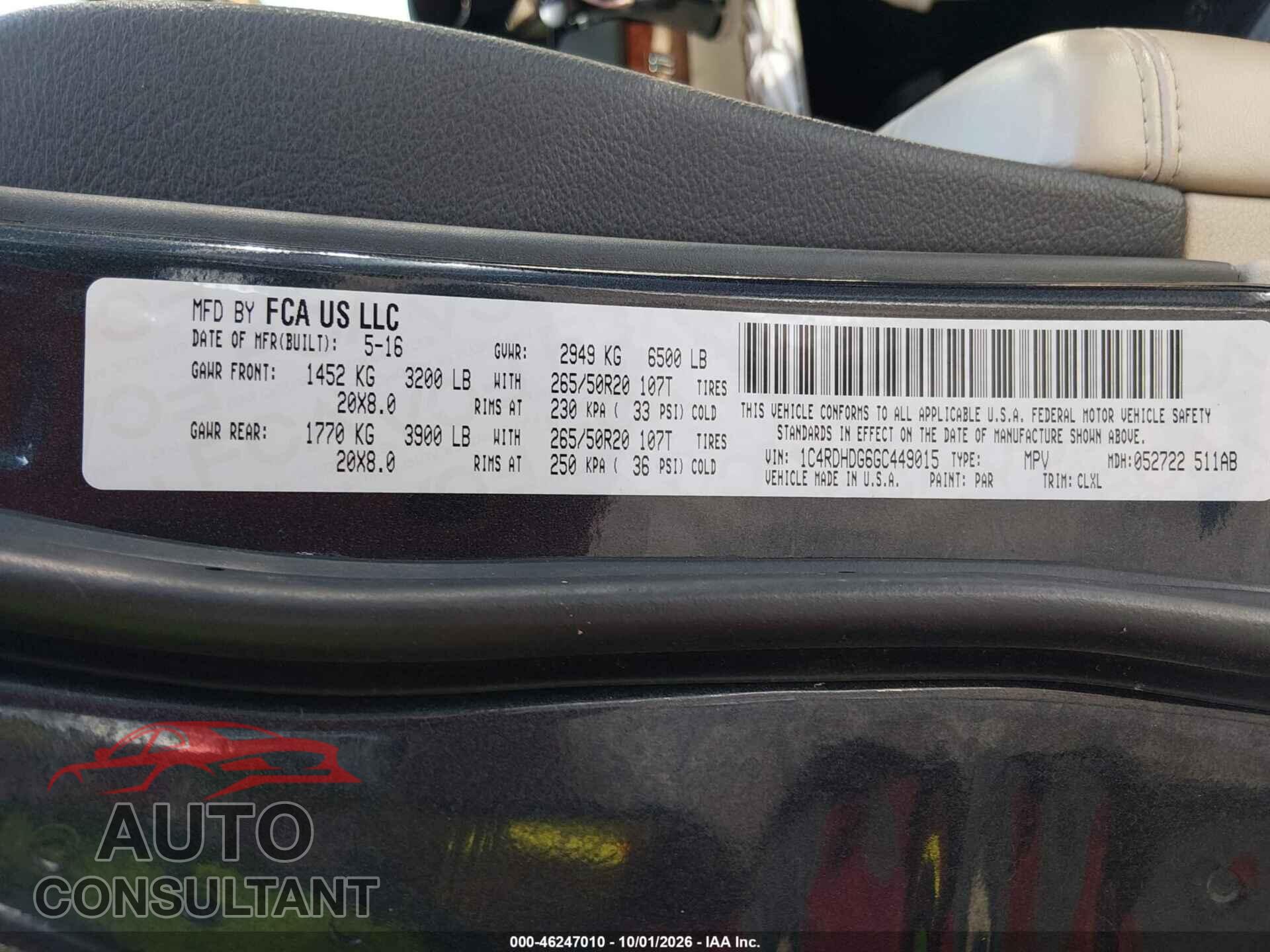 DODGE DURANGO 2016 - 1C4RDHDG6GC449015
