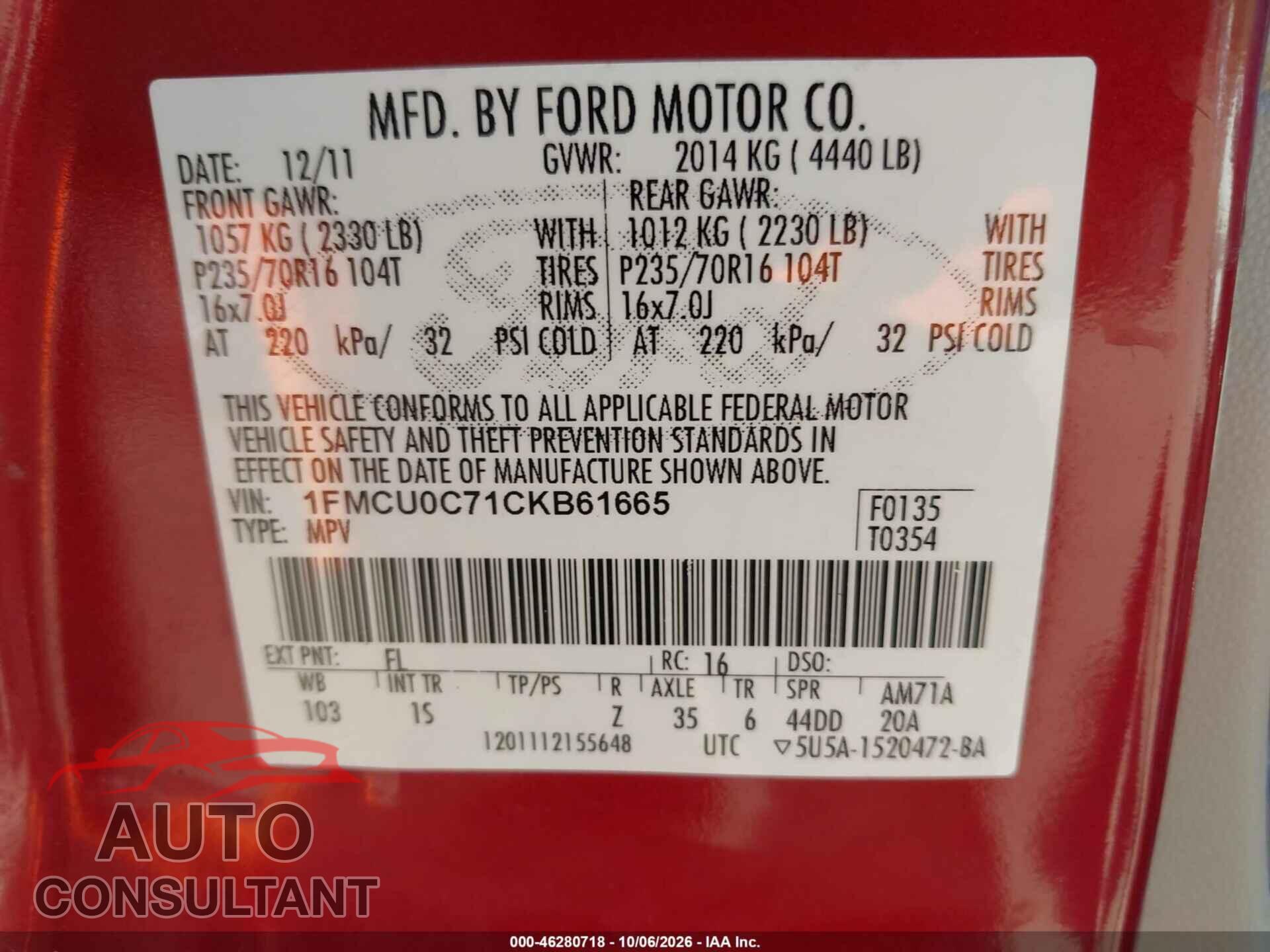 FORD ESCAPE 2012 - 1FMCU0C71CKB61665