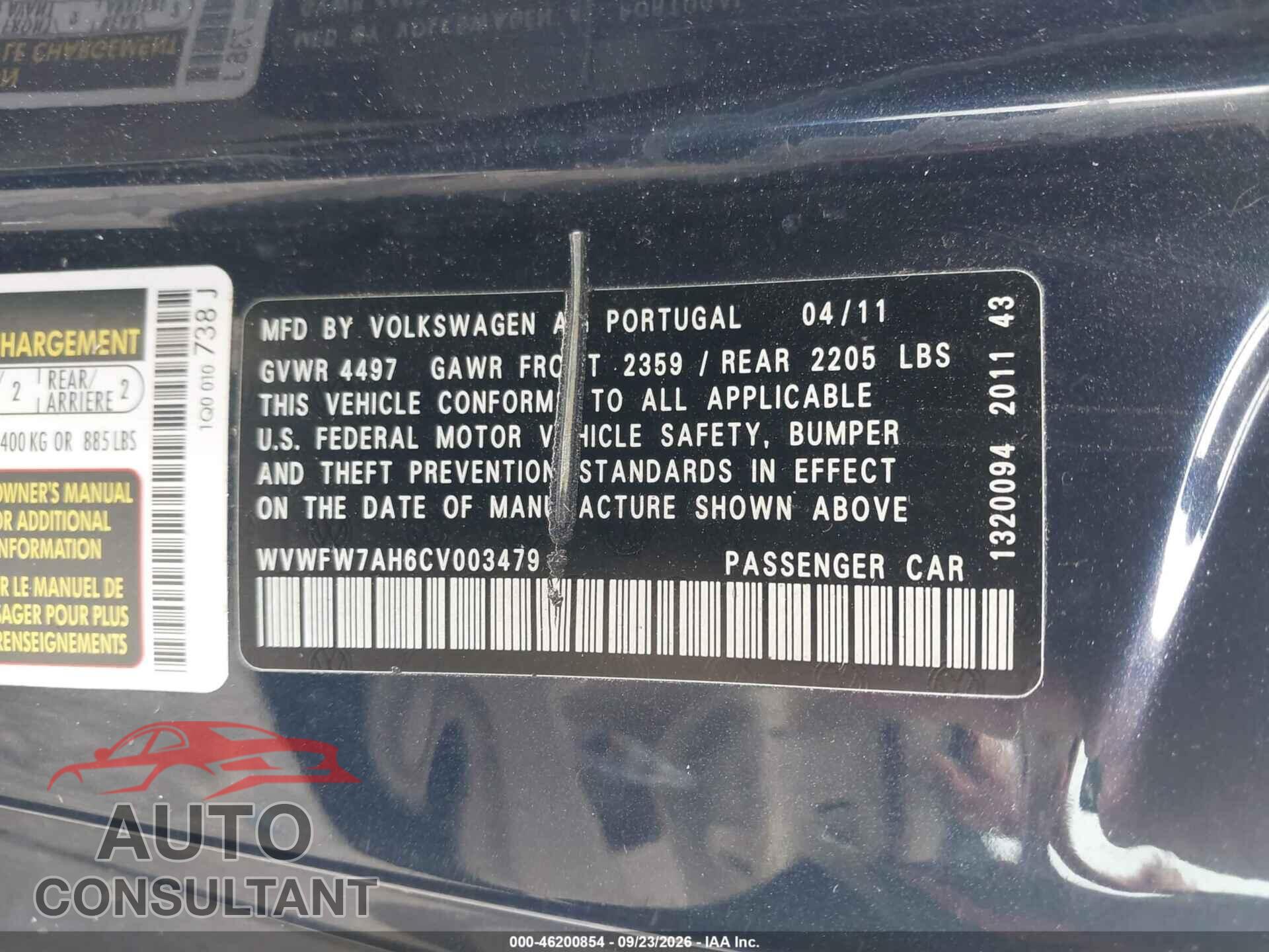 VOLKSWAGEN EOS 2012 - WVWFW7AH6CV003479