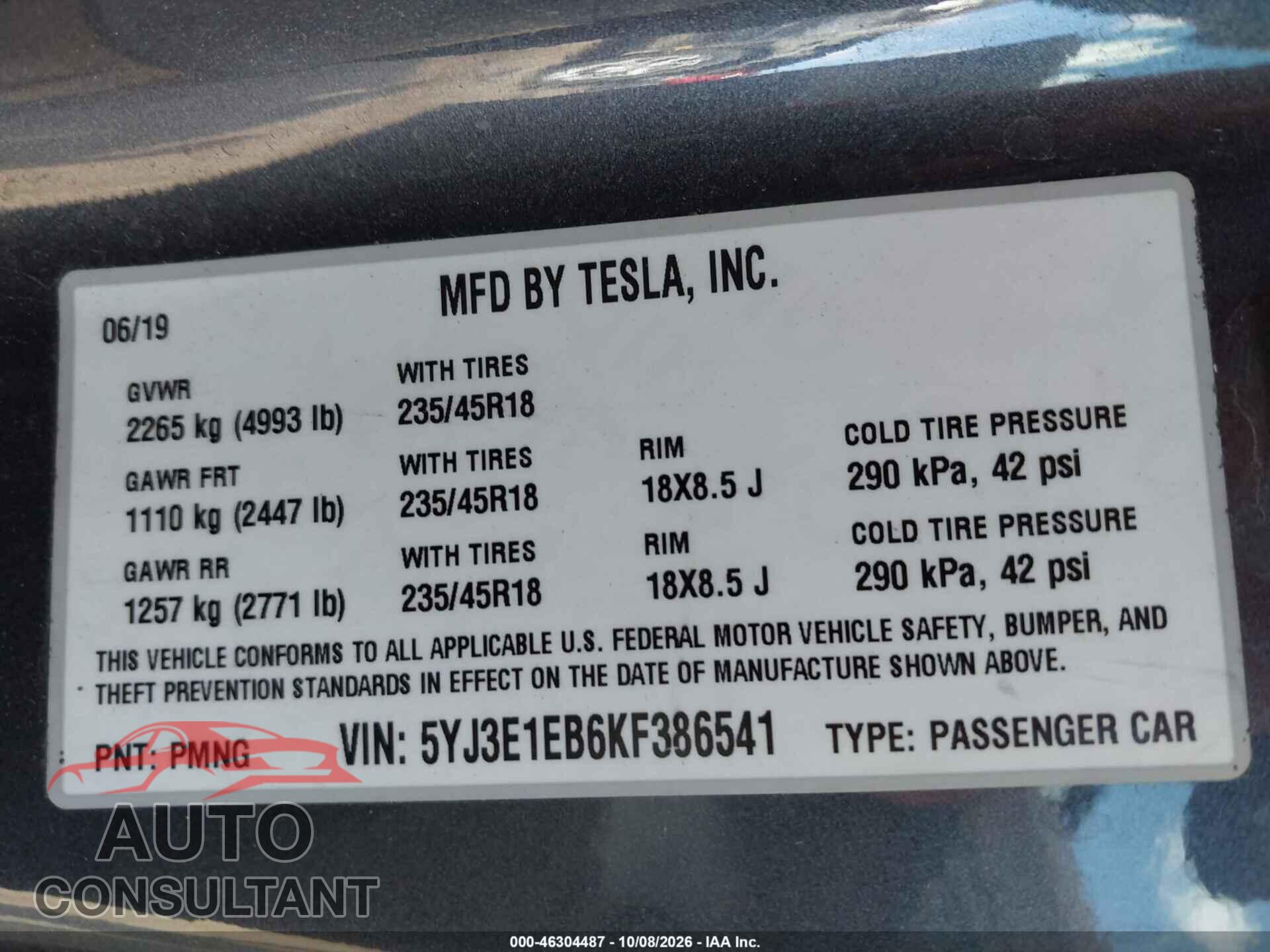 TESLA MODEL 3 2019 - 5YJ3E1EB6KF386541