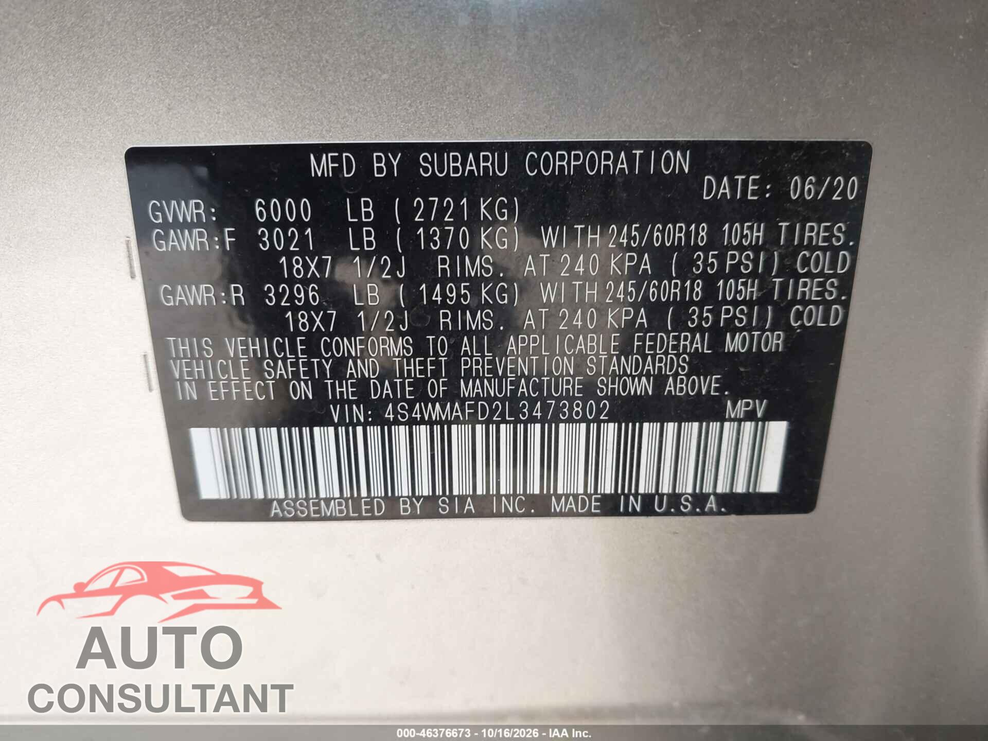 SUBARU ASCENT 2020 - 4S4WMAFD2L3473802