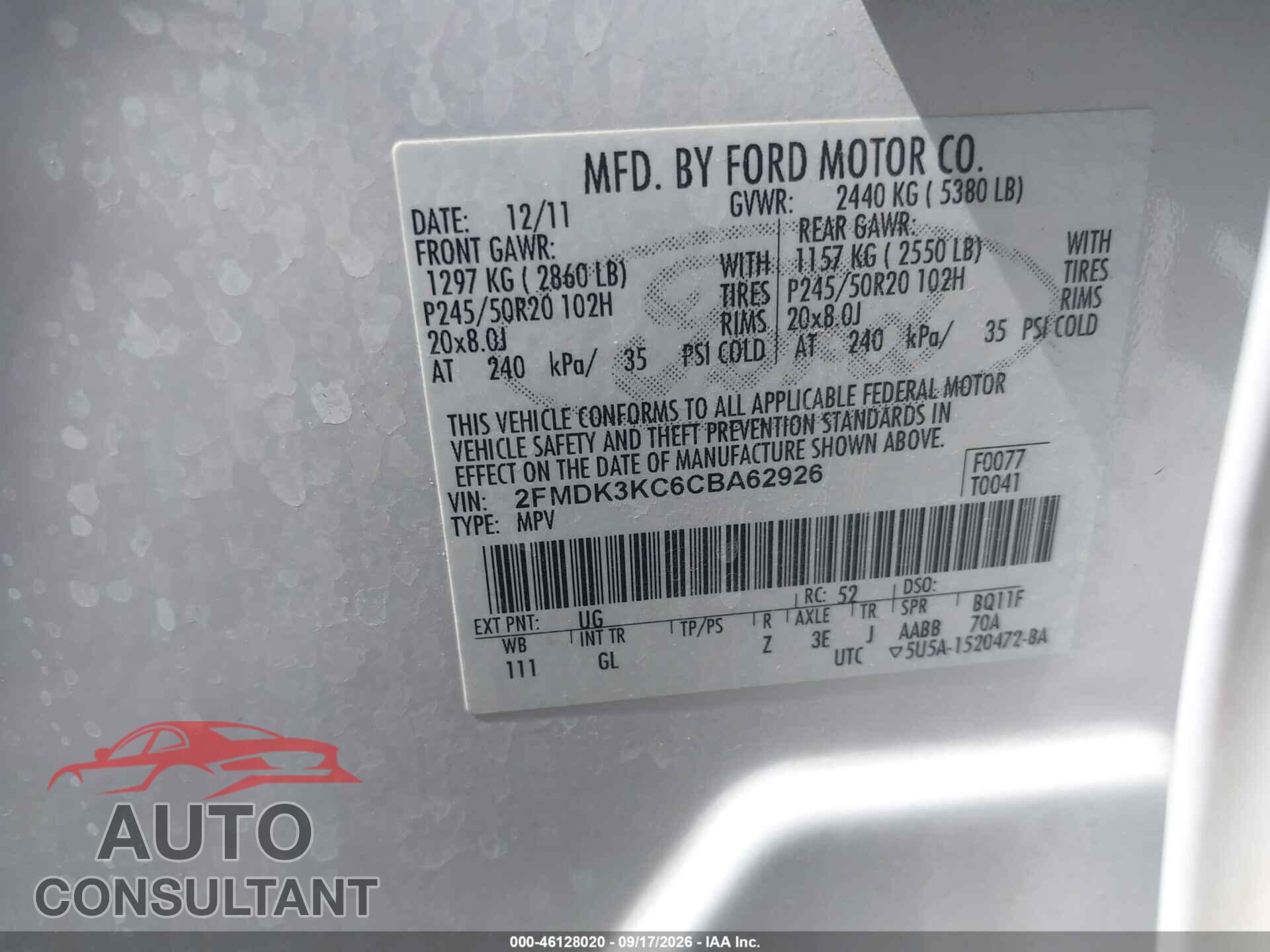 FORD EDGE 2012 - 2FMDK3KC6CBA62926