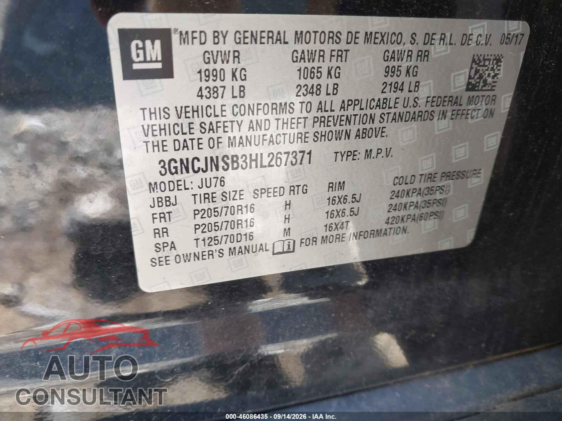 CHEVROLET TRAX 2017 - 3GNCJNSB3HL267371