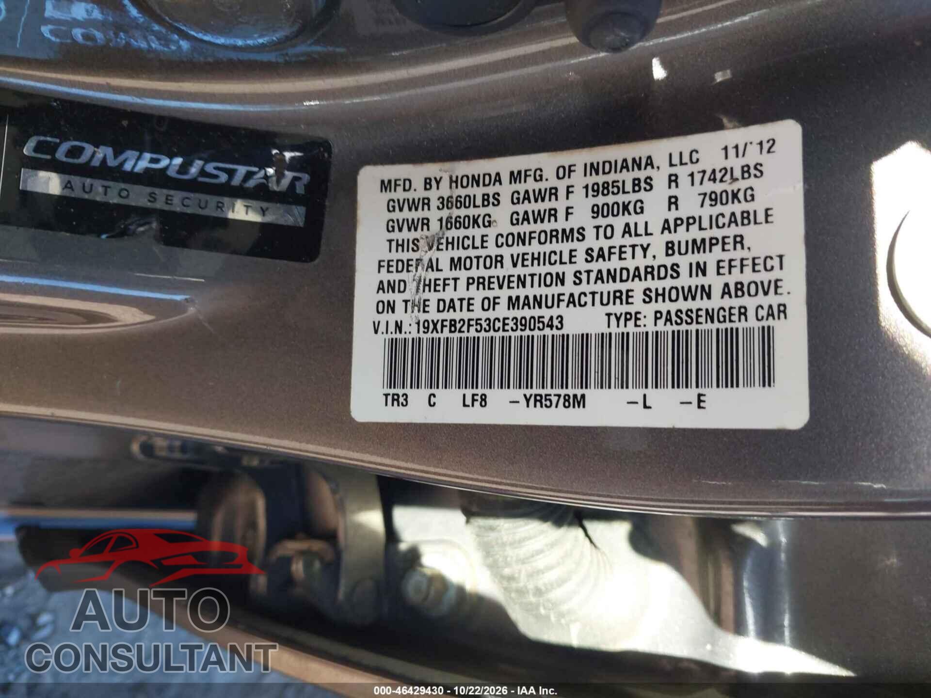 HONDA CIVIC 2012 - 19XFB2F53CE390543