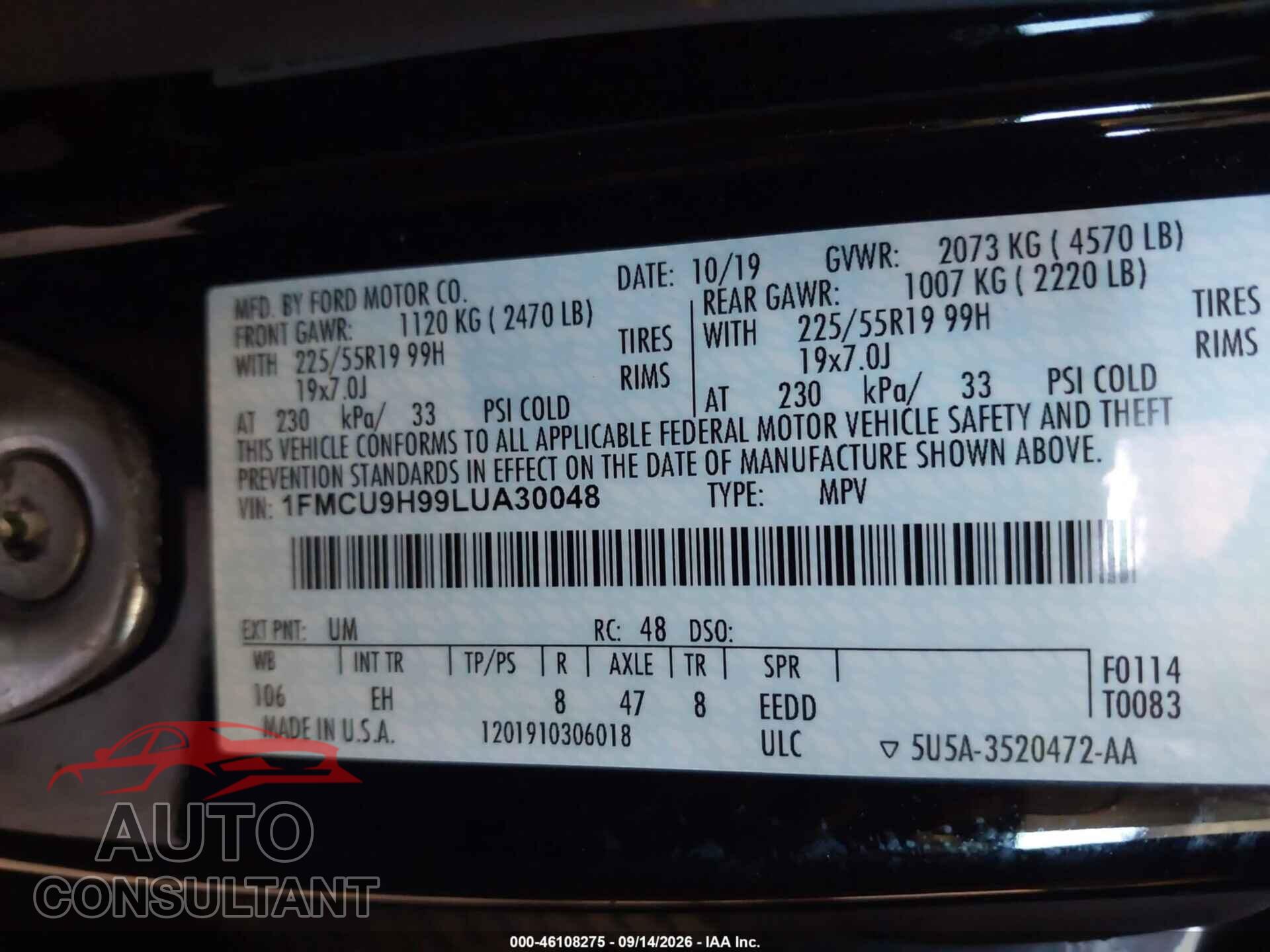 FORD ESCAPE 2020 - 1FMCU9H99LUA30048