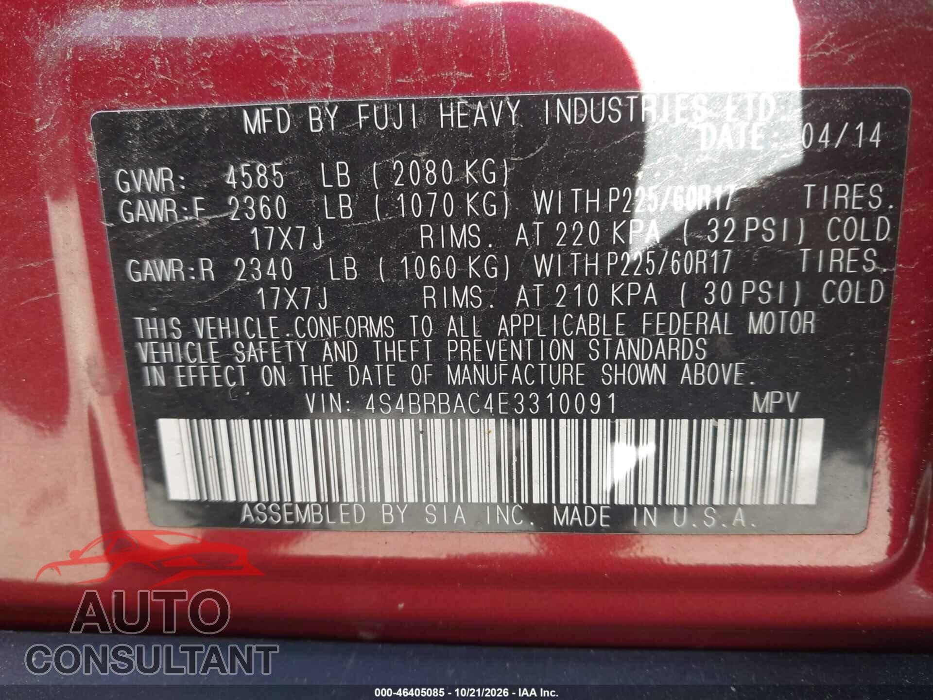 SUBARU OUTBACK 2014 - 4S4BRBAC4E3310091