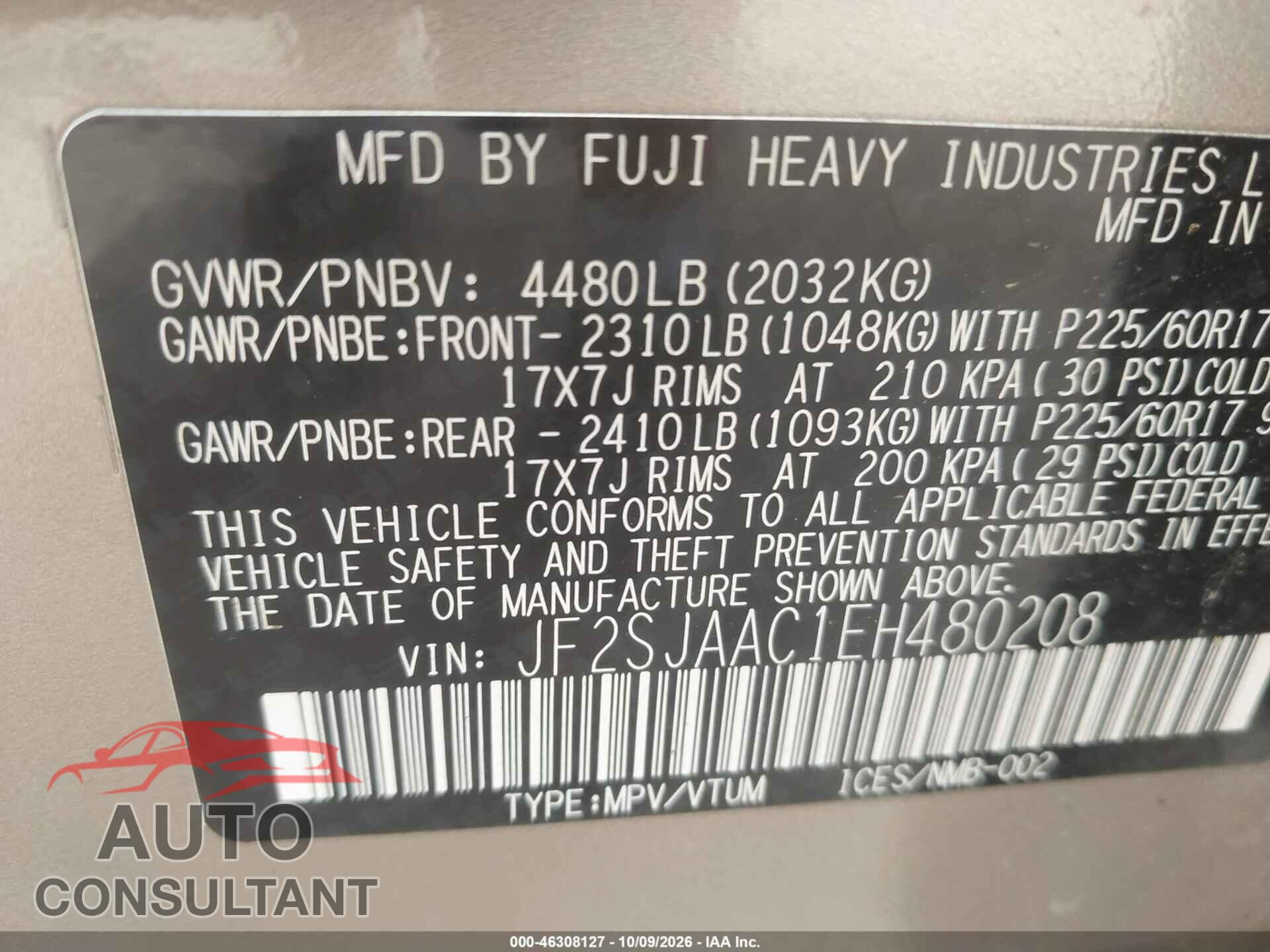 SUBARU FORESTER 2014 - JF2SJAAC1EH480208