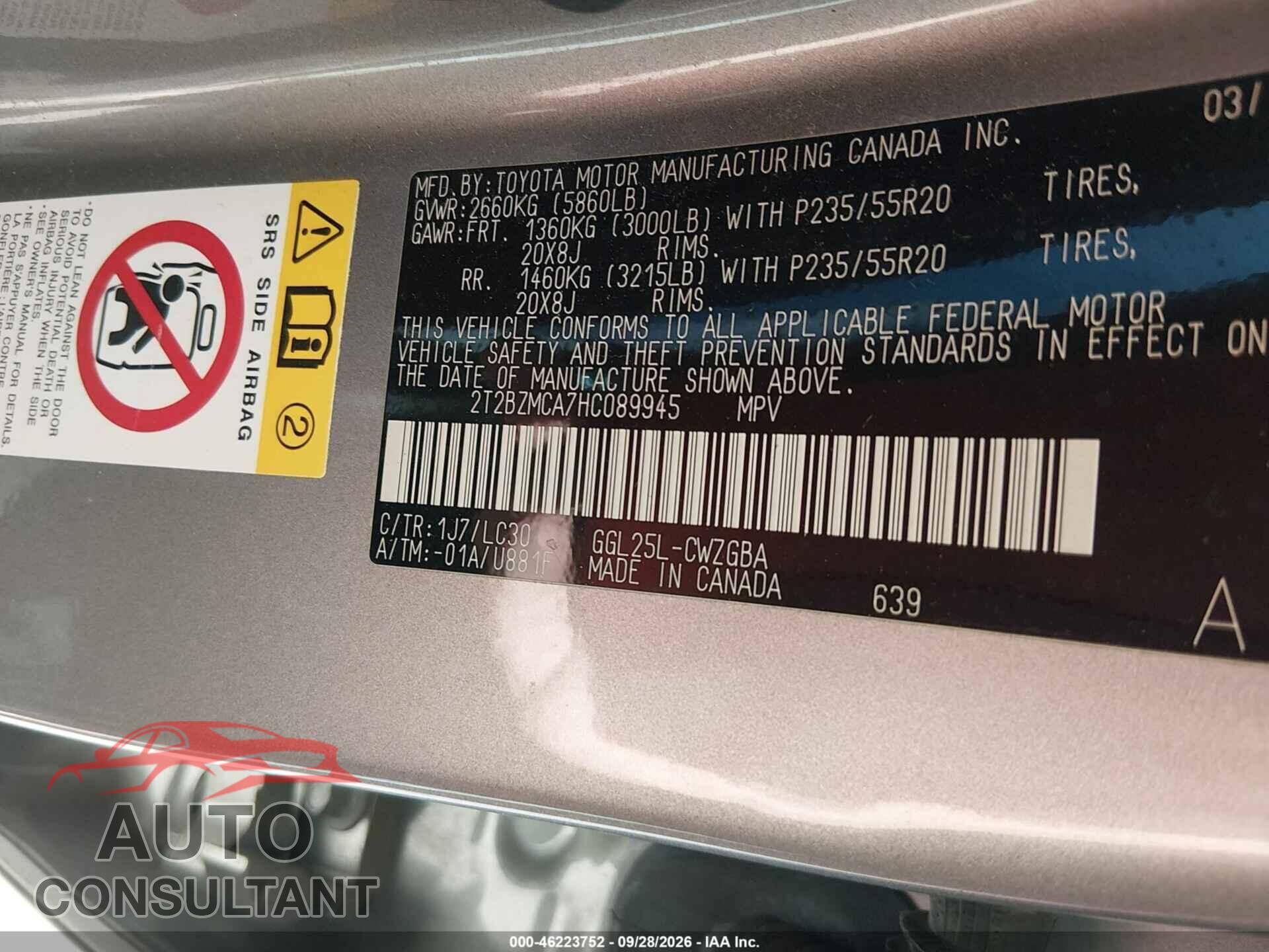 LEXUS RX 350 2017 - 2T2BZMCA7HC089945