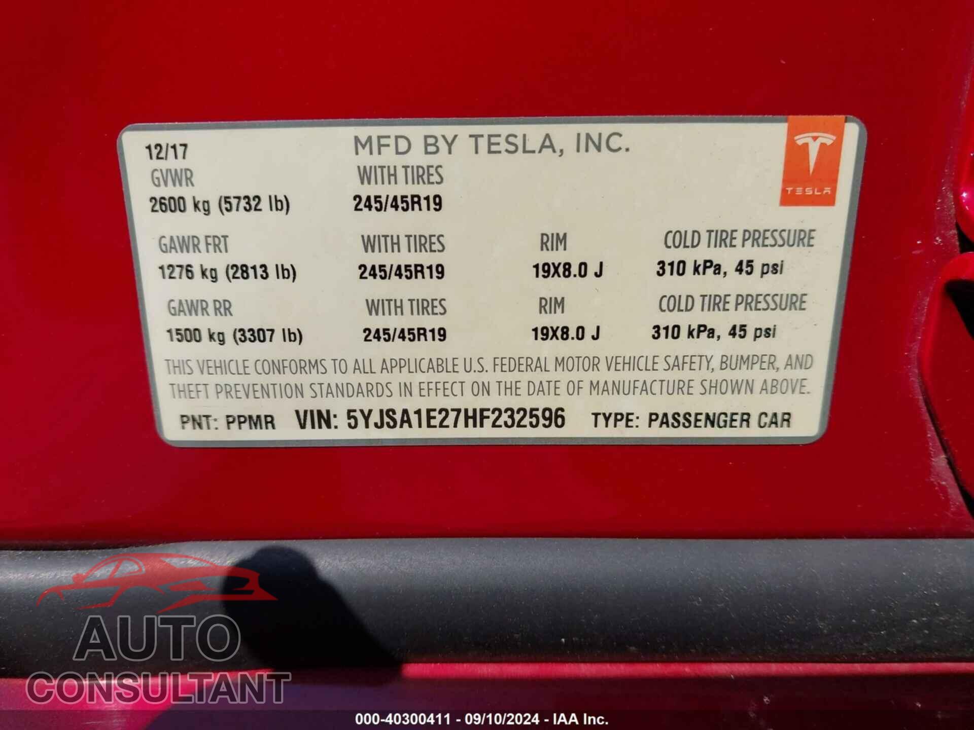 TESLA MODEL S 2017 - 5YJSA1E27HF232596