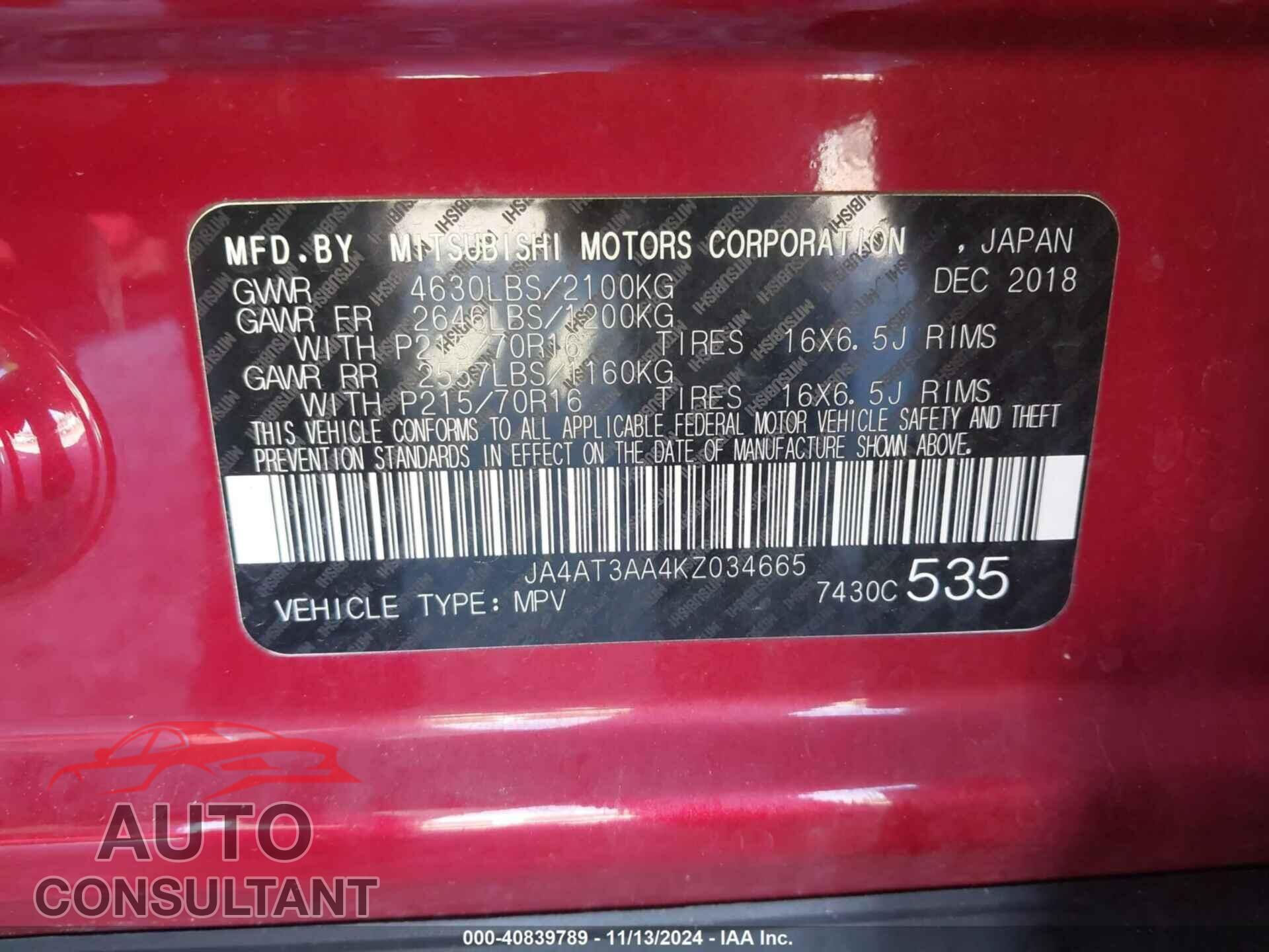 MITSUBISHI ECLIPSE CROSS 2019 - JA4AT3AA4KZ034665