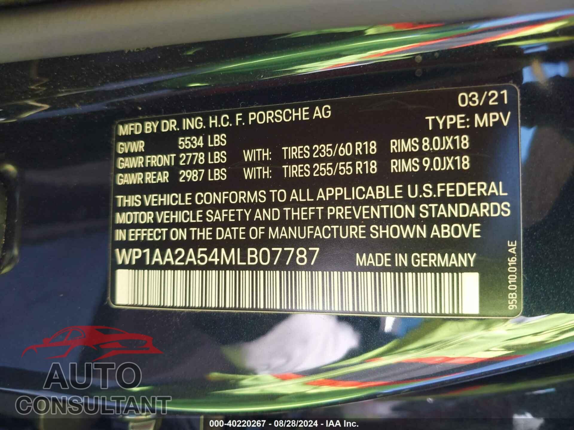 PORSCHE MACAN 2021 - WP1AA2A54MLB07787