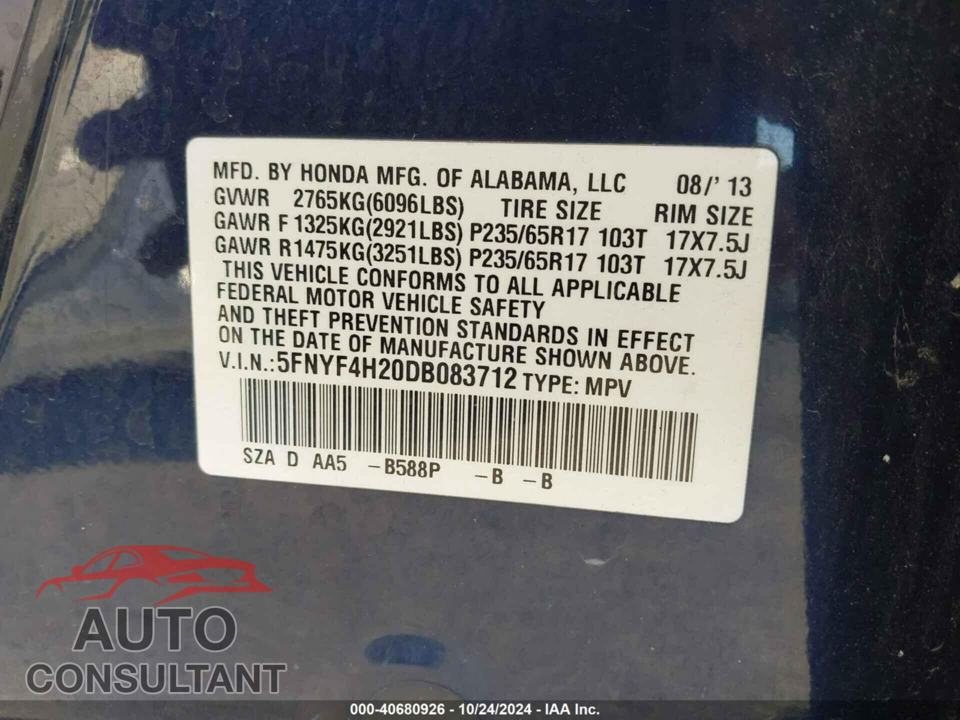 HONDA PILOT 2013 - 5FNYF4H20DB083712