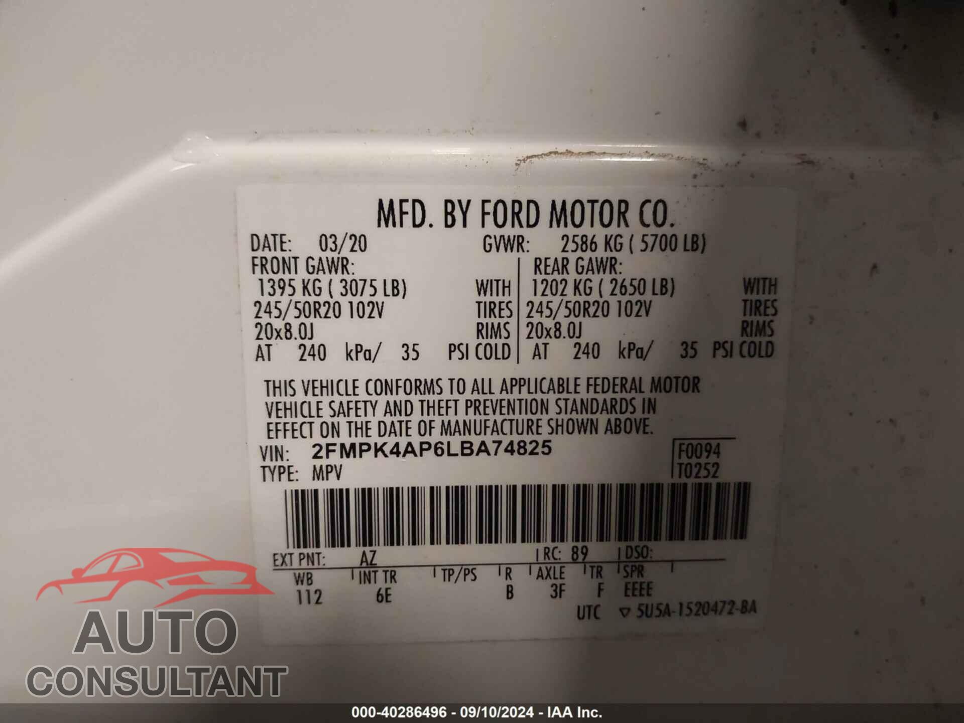 FORD EDGE 2020 - 2FMPK4AP6LBA74825