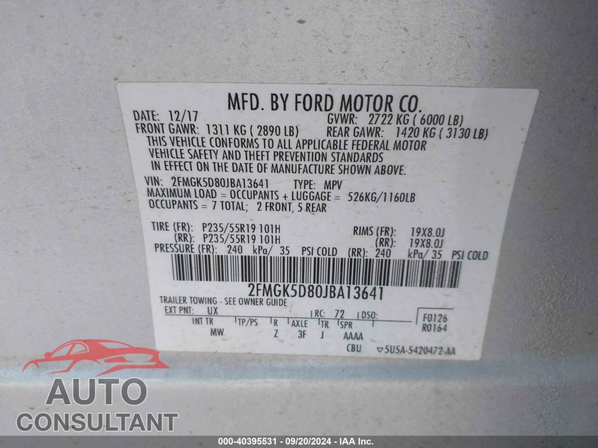 FORD FLEX 2018 - 2FMGK5D80JBA13641